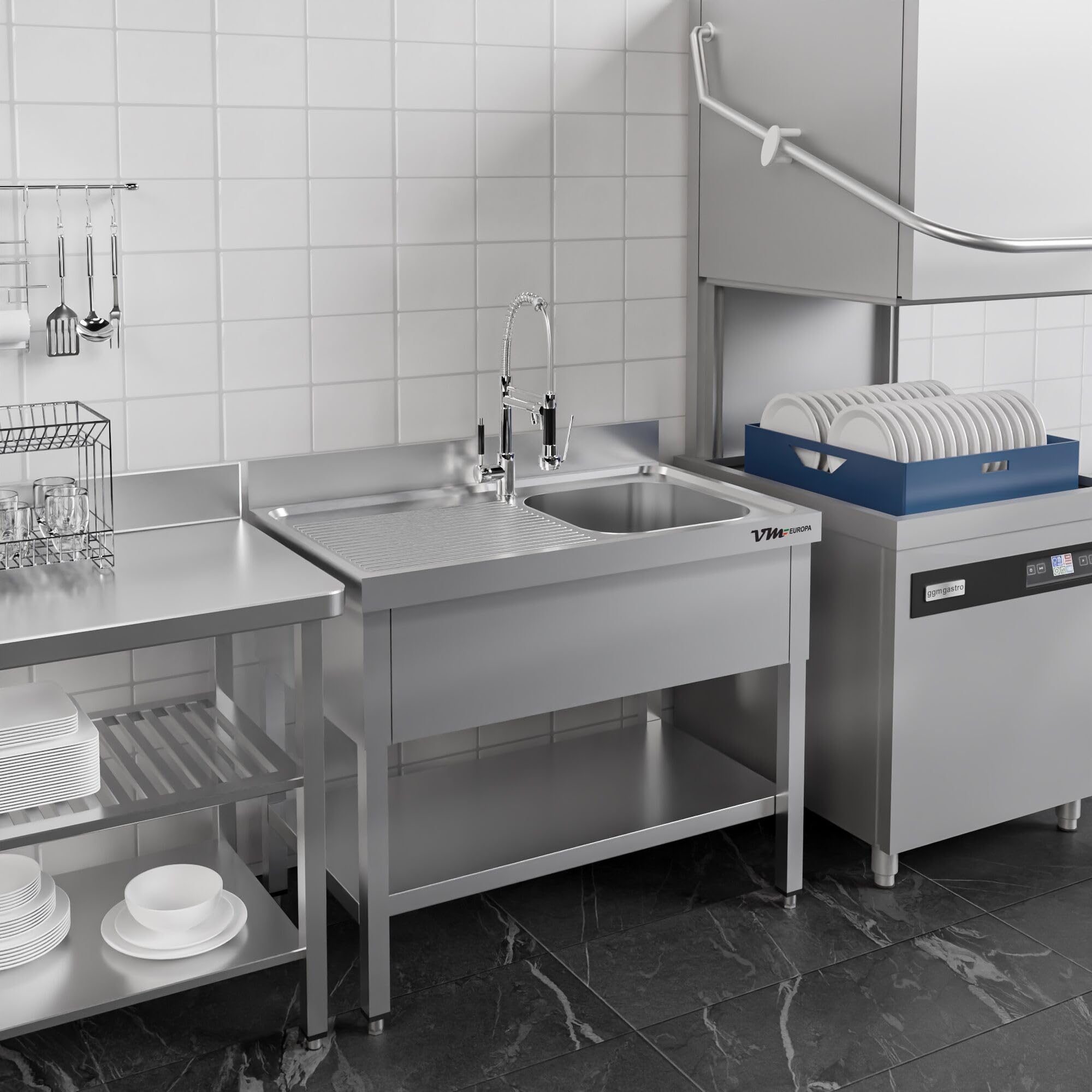 Gastro Spültisch mit Abtropffläche - 160 x 70 cm - Freistehend mit Becken rechts - AISI 430 Edelstahl - Gastronomie Spüle Waschtisch Spülbecken Gastrospüle Gewerbeküche