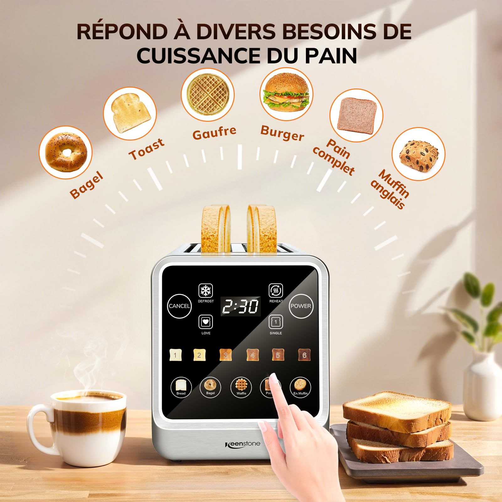 Keenstone Grille-pain 4 Tranches, Intelligent Écran Tactile, Mémoire, Grillage d’Une Tranche, Minuterie, Réchauffage/Dégivrage pour Bagels, Muffins, Essentiel Acier Inoxydable