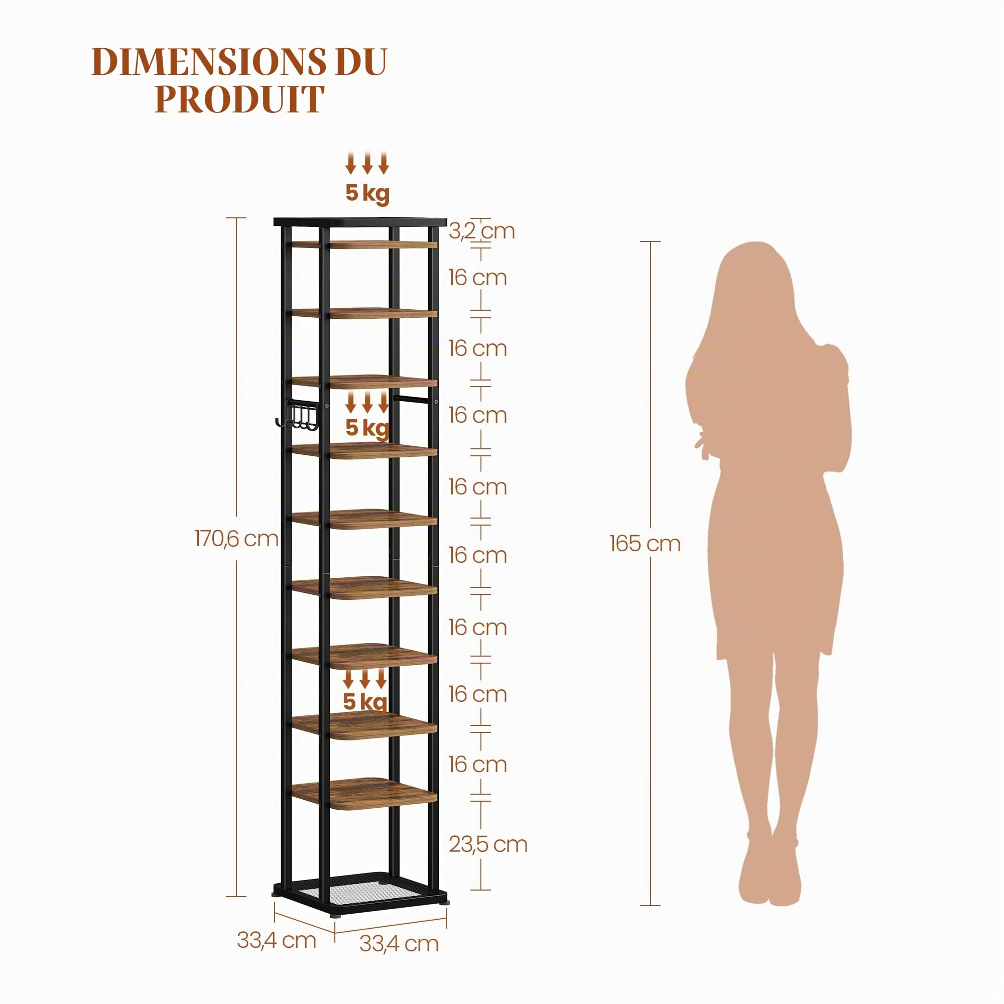 HEXCELEN 10 Niveaux Étagère à Chaussures, Brun Rustique et Noir