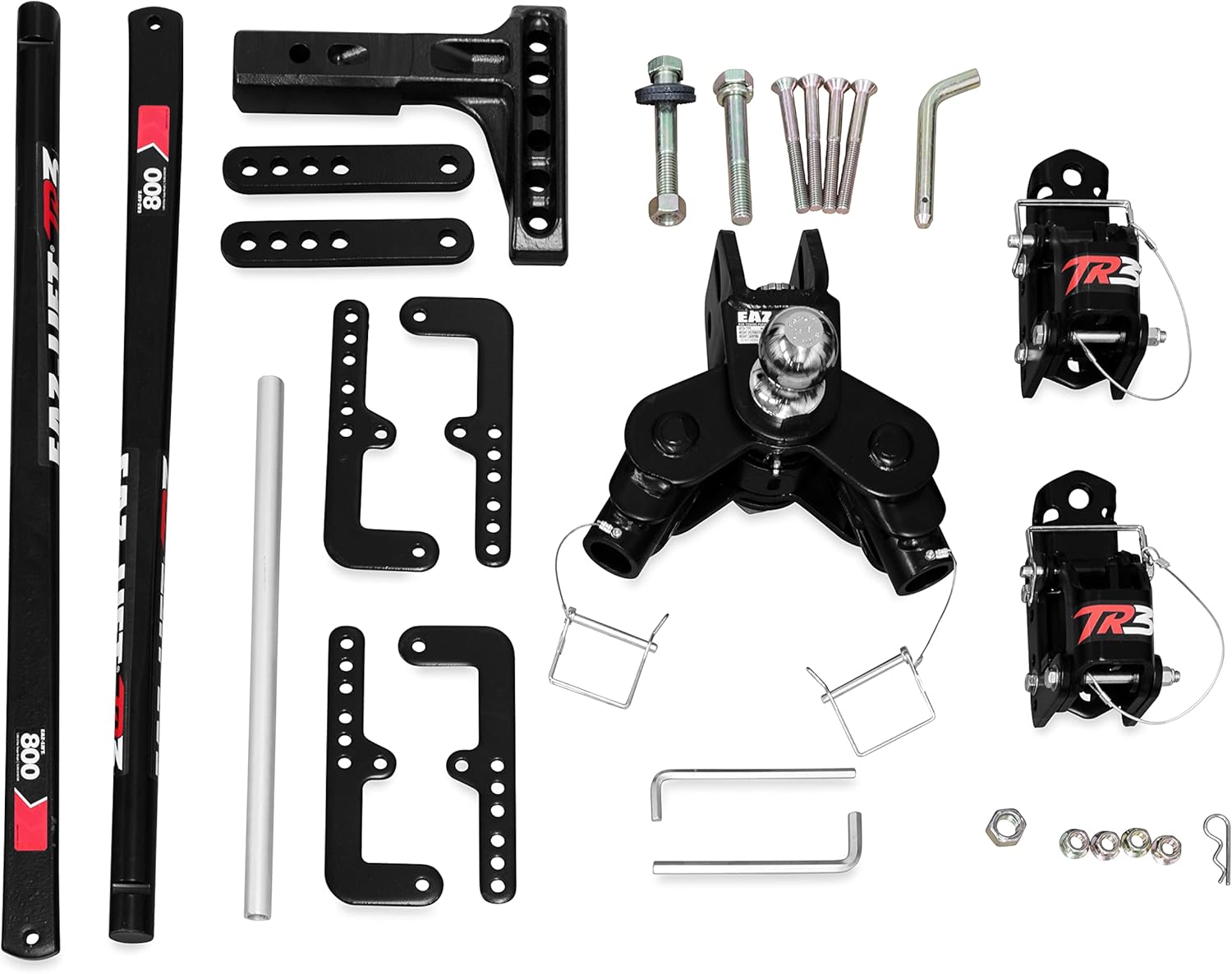 All components of the Camco Eaz-Lift TR3 Weight Distribution Hitch Kit laid out
