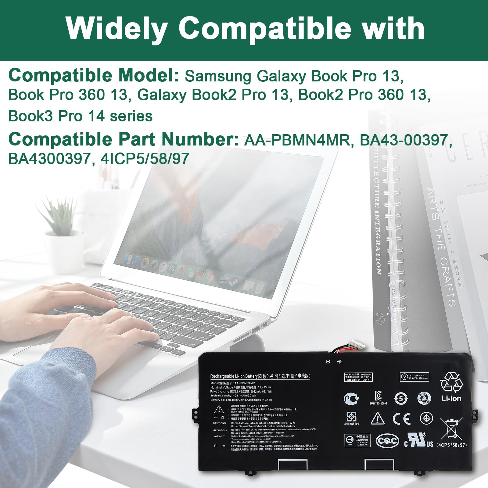 15.44V 62.1Wh AA-PBMN4MR Batería Compatible con Samsung Galaxy Book Pro 360 13 NP930XDB NP935XDB, Book2 Pro 13 NP930XED, Book3 Pro 14 NP940XFG Series