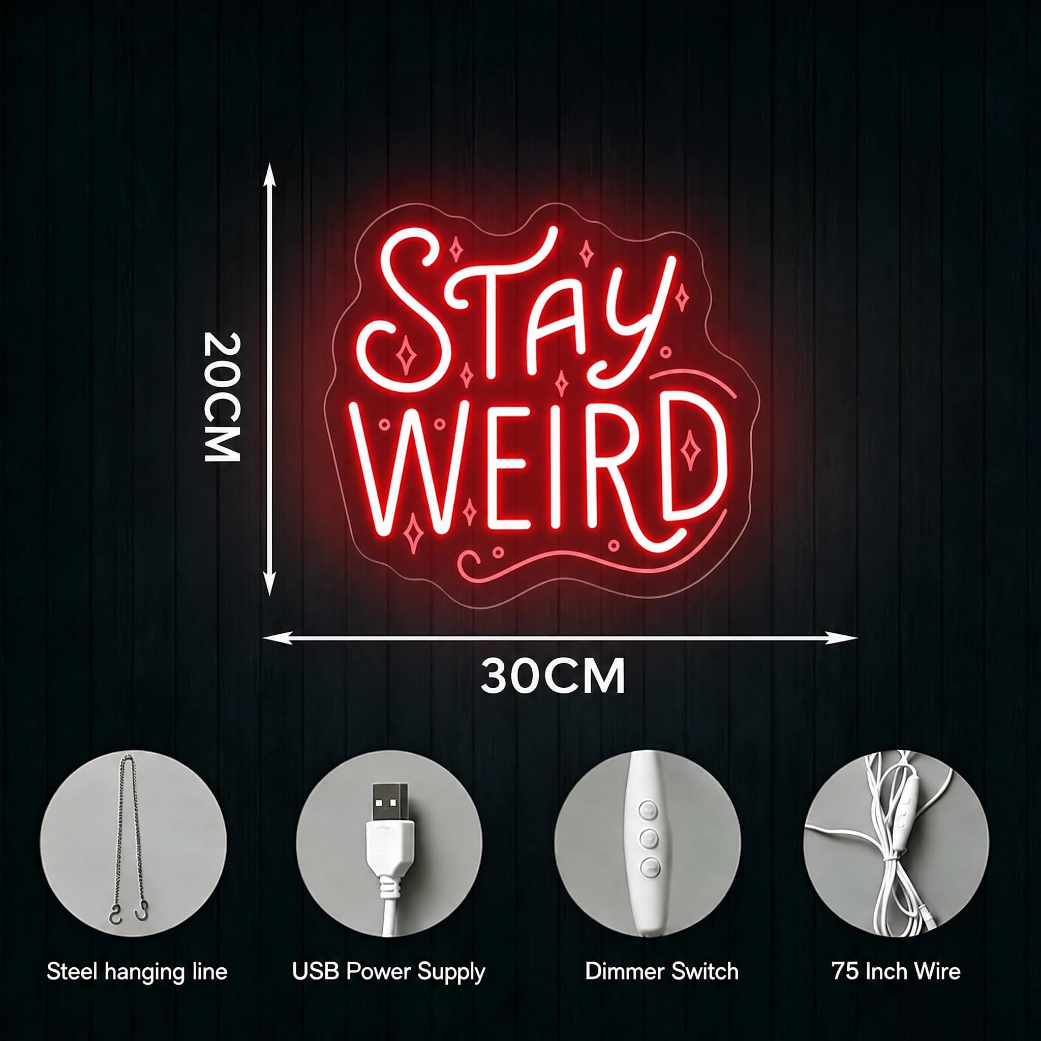 Stay Weird Neon Sign Red Novità Neon Light per la decorazione della parete | Segnale luminoso dimmerabile USB per camera da letto, dormitorio, bar, decorazione estetica alternativa alla stanza
