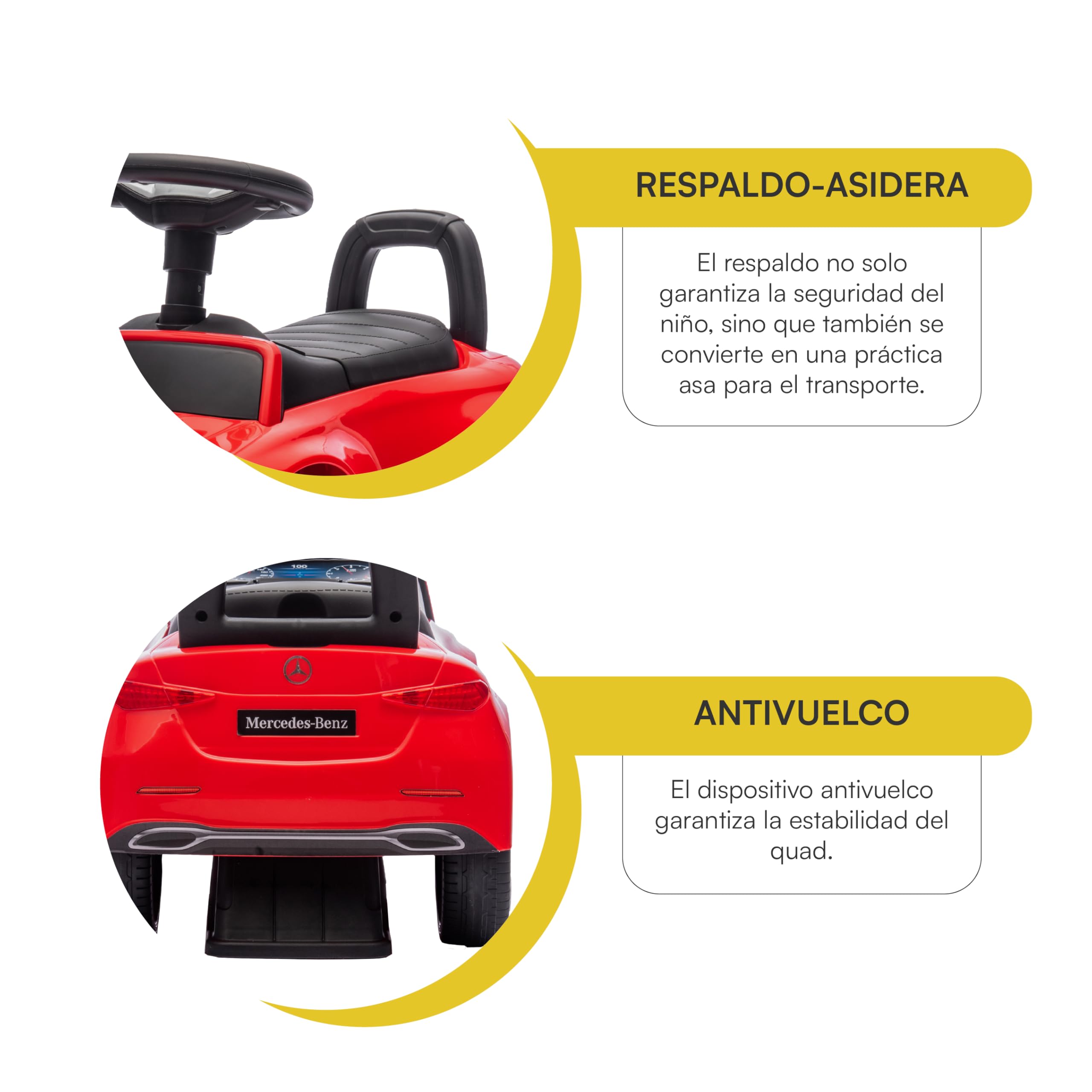 Baroni Toys Mercedes Ride-On Car Empuje y Ir para Niños 1-4 Años, Faros LED, Sonidos Realistas, Ruedas antideslizantes, Compartimento de almacenamiento, Diseño Antivuelco, 65 x 28 x 39 cm, Rojo