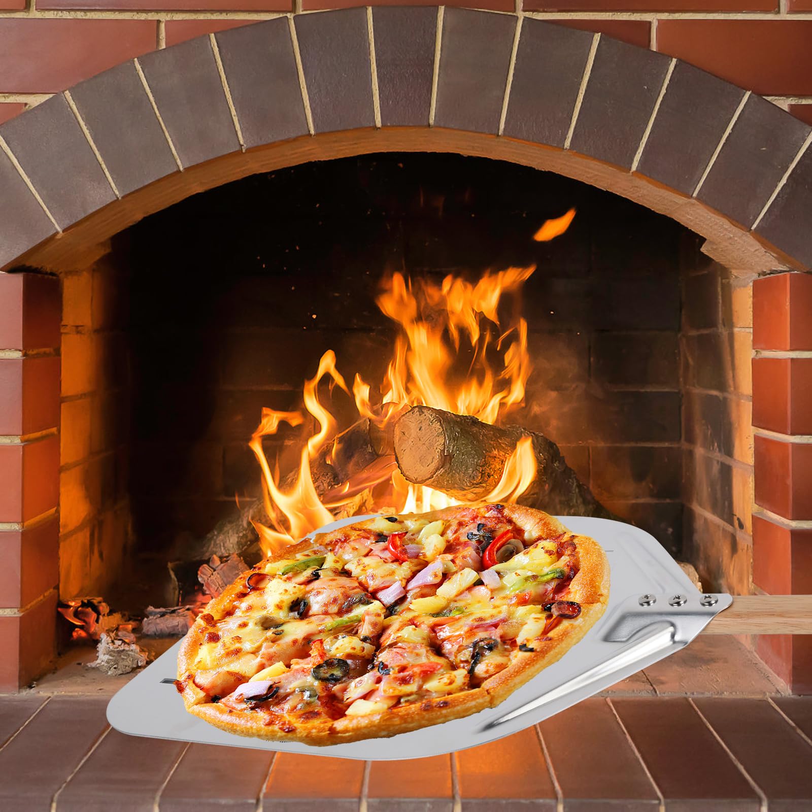 Pelle à Pizza en Aluminium 40 x 30 cm, Planche à Pizza avec Pinceau à Huile, Manche en Bois Amovible 38 cm, Pelle à Pizza en Métal Robuste pour Pâtisseries, Pâte, Pain, Gâteau
