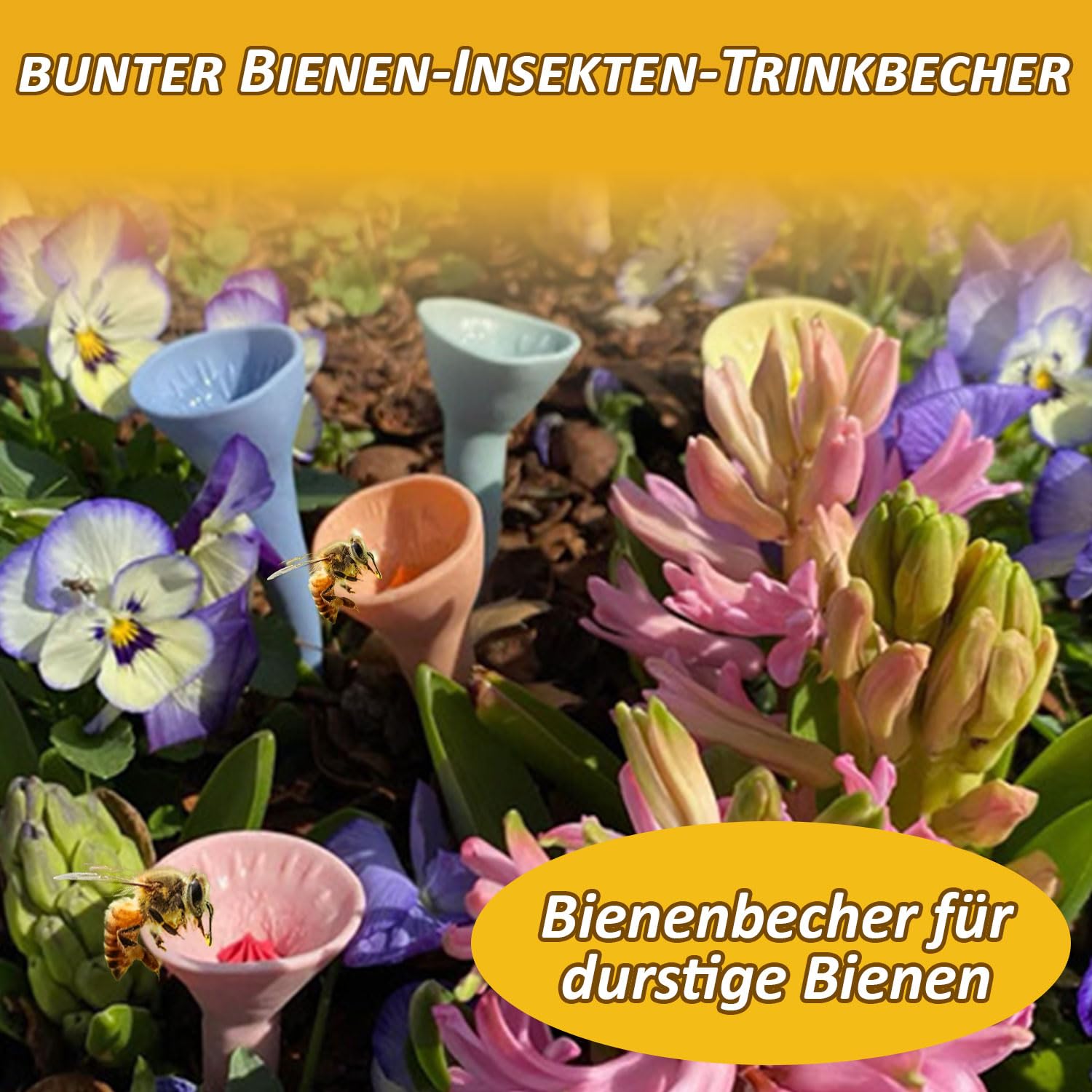 Yeelan Bienen Trinkbecher – 5 Stück, Bunt, Mit Holzbrett, Für Garten & Terrasse