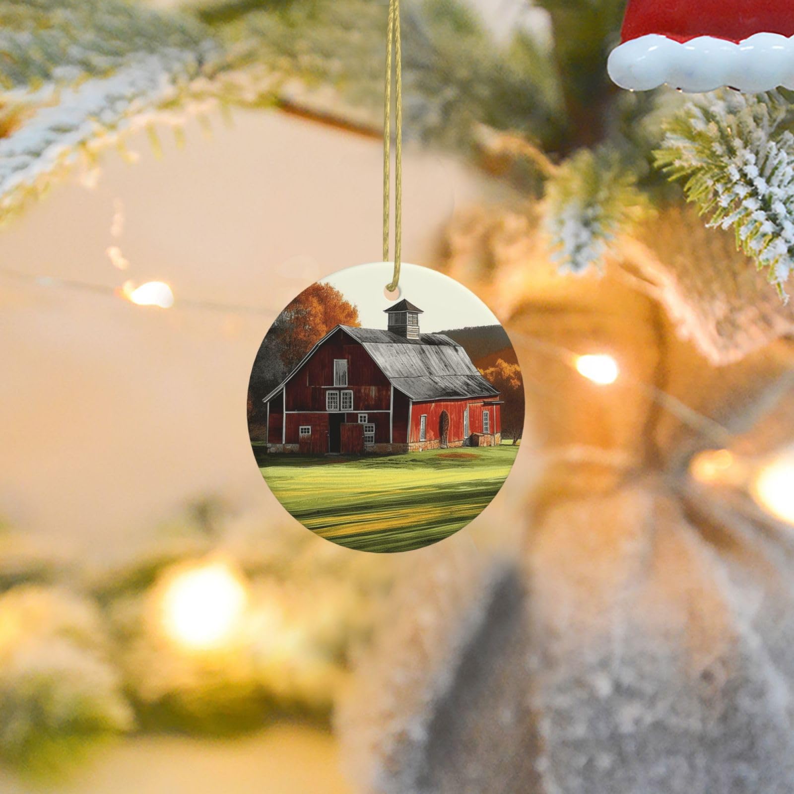 Christmas Ornaments for Christmas Tree Decoration Ceramic Hanging Barn Ornament with Gold Ribbon Crafts Round Pendant for Keepsake Gifts Glass Xmas Decor Party Supplies