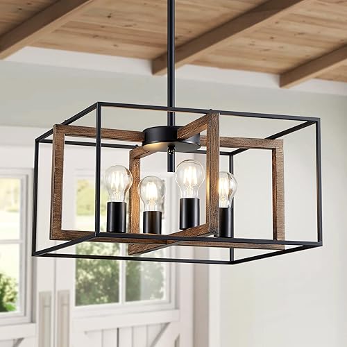 XINGQI Candelabro cuadrado de 4 luces, lámpara de granja, moderna iluminación colgante para cocina, isla, comedor, sala de estar, acabado de grano