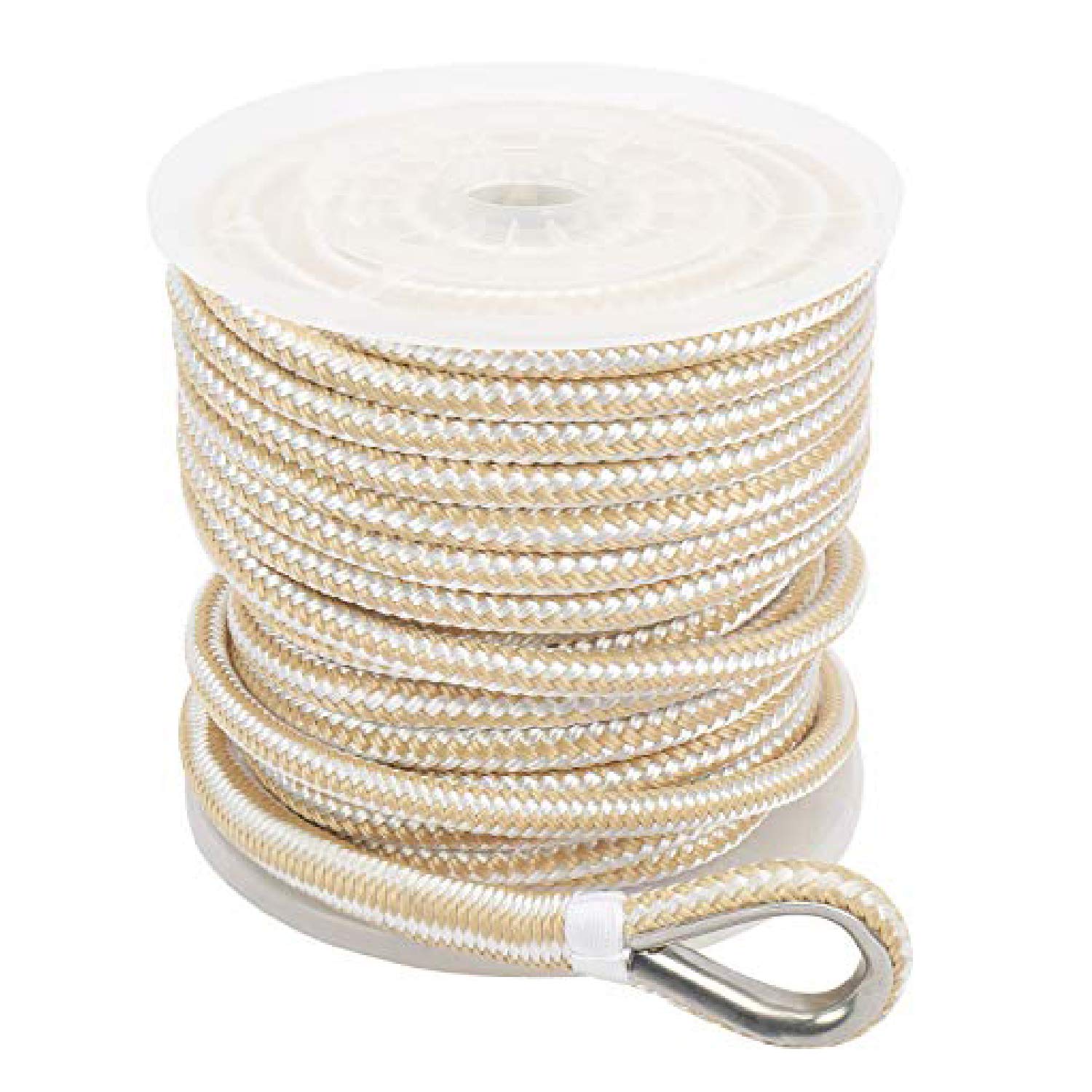 NovelBee línea de anclaje de nailon doble trenzado de 5/8 pulgadas x 300 pies, con dedal de acero inoxidable y portabrocas de plástico, blanco/dorado