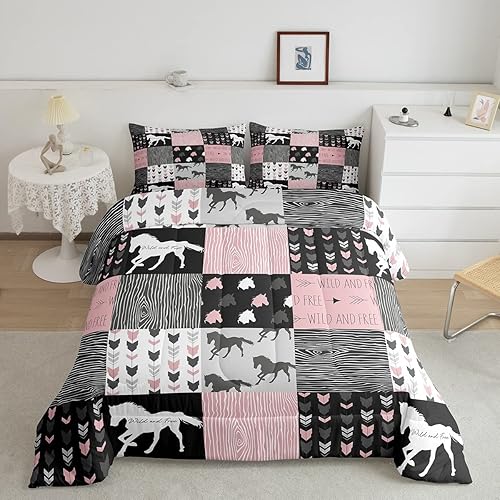 Edredón de unicornio para niñas, tamaño individual, ropa de cama de caballo blanco femenino, vaquero occidental, vaqueras, colcha de retazos,