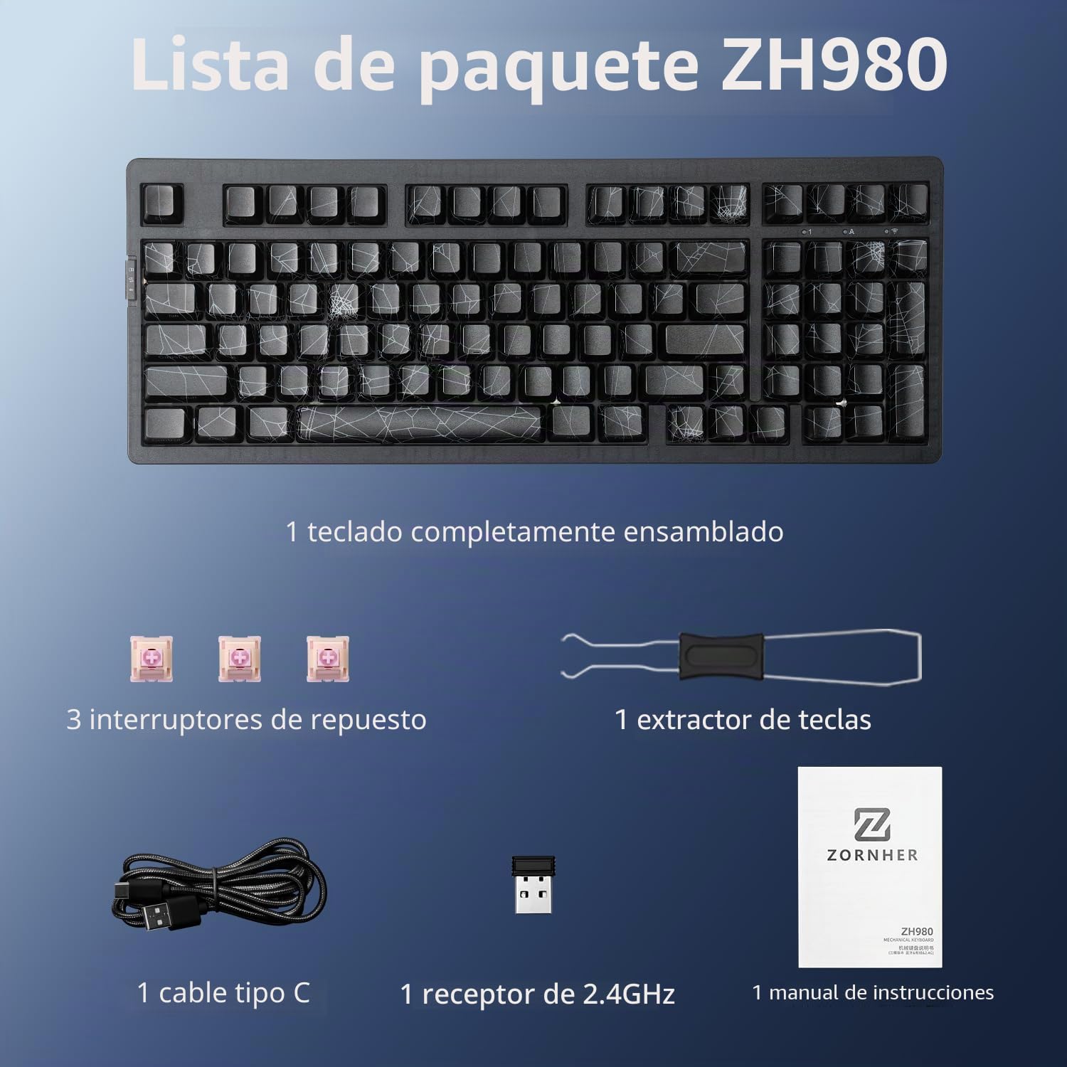 ZORNHER Teclado mecánico inalámbrico ZH980, teclado cremoso al 95 % con teclado numérico, teclado para juegos con teclado numérico, PC de telaraña, interruptores lineales de sonido cremoso, tamaño