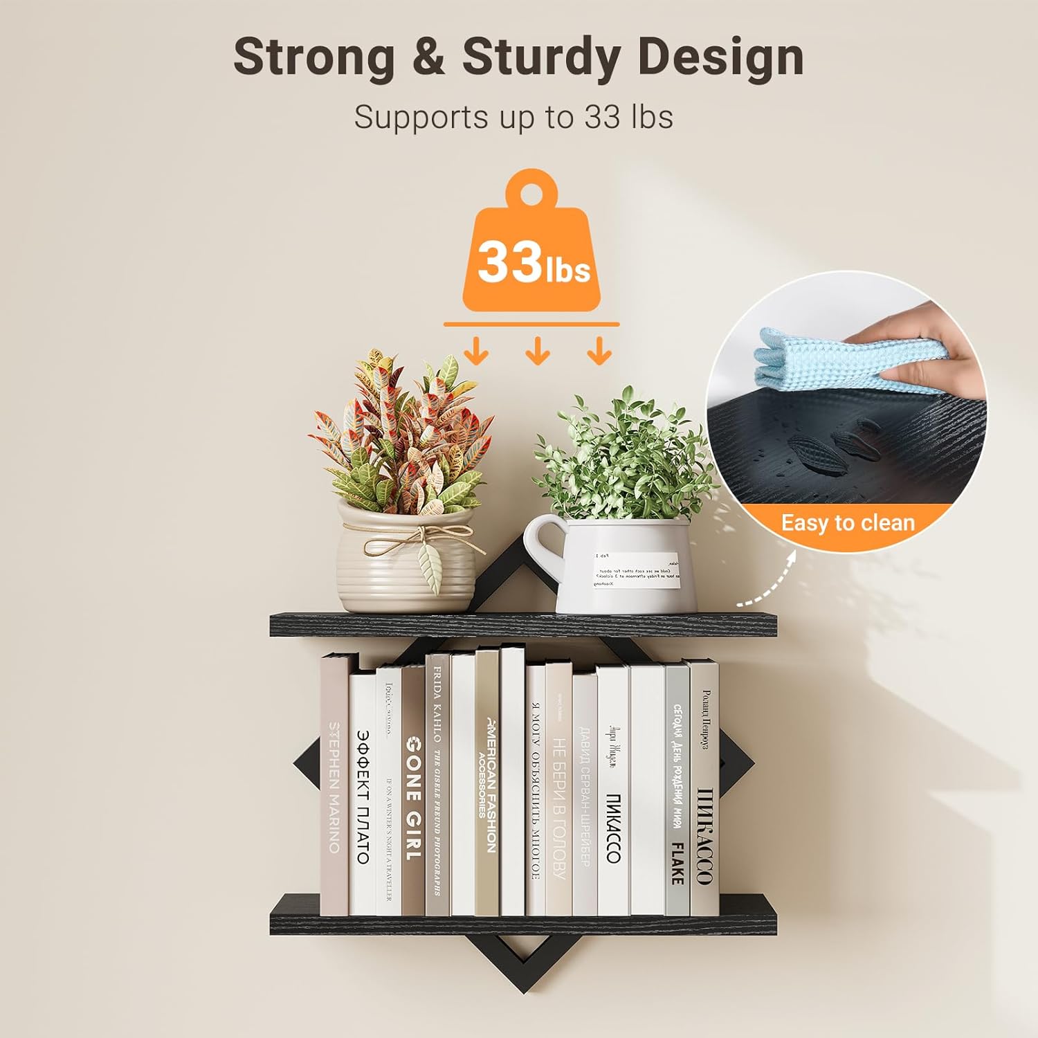 ELYKEN Floating Shelves for Wall, Set of 2 Hanging Shelves, 2-Tier Wall Mounted Storage Shelves for Books & Decor, Perfect for Living Room, Bedroom, Kitchen, Home Office, Study, Black