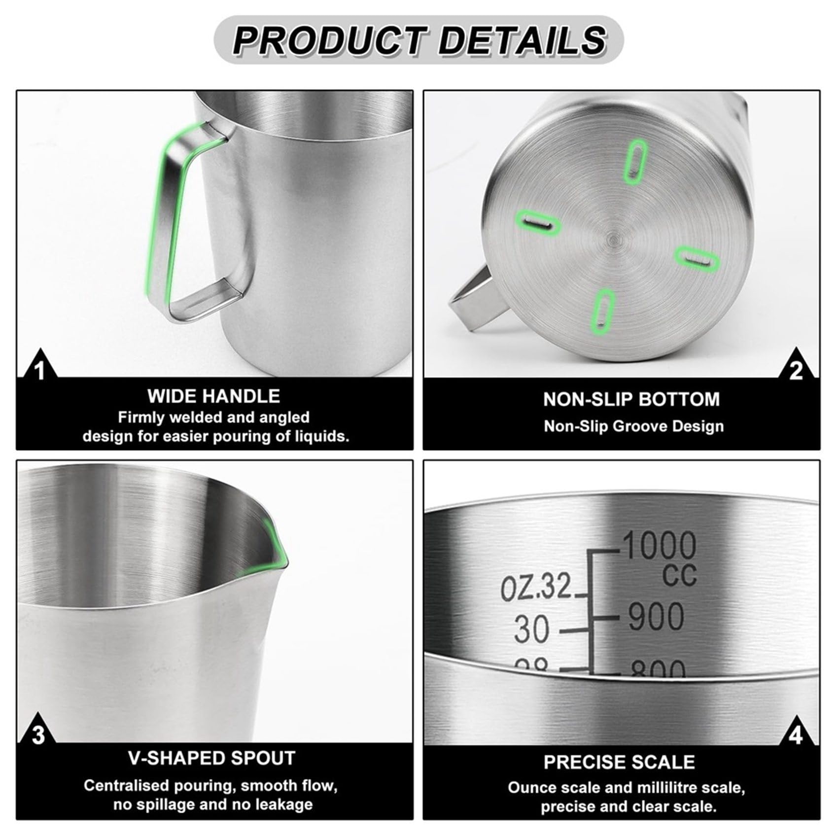 Lot de 3 verres doseurs en acier inoxydable de 1 l - Avec graduations en onces et ml - Passe au lave-vaisselle