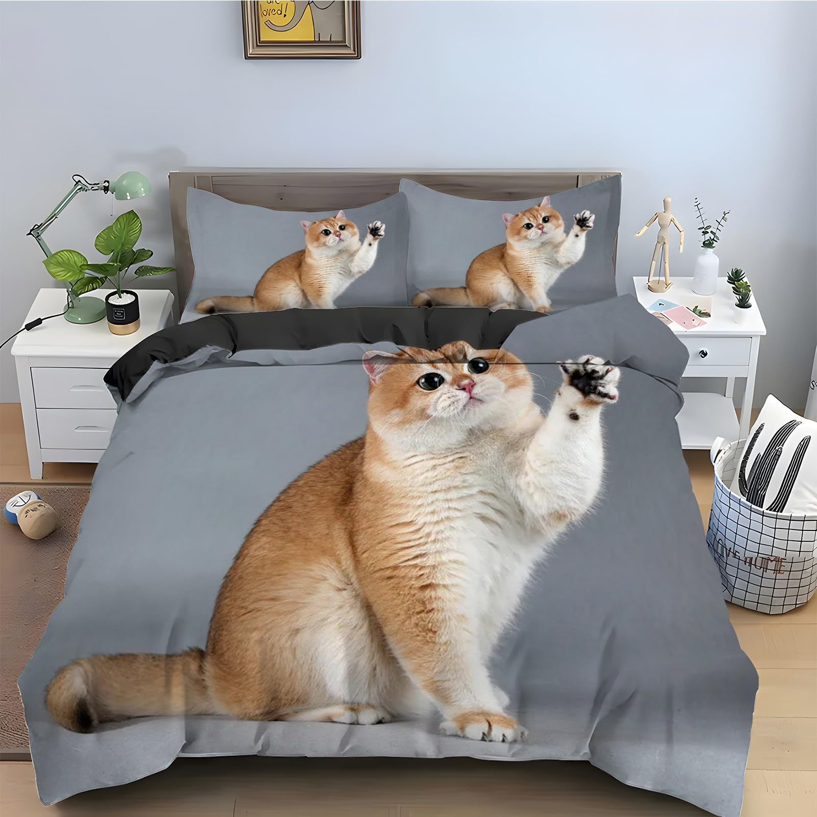 Parure de lit 90x190 chat housse de couette 3 pièces microfbre