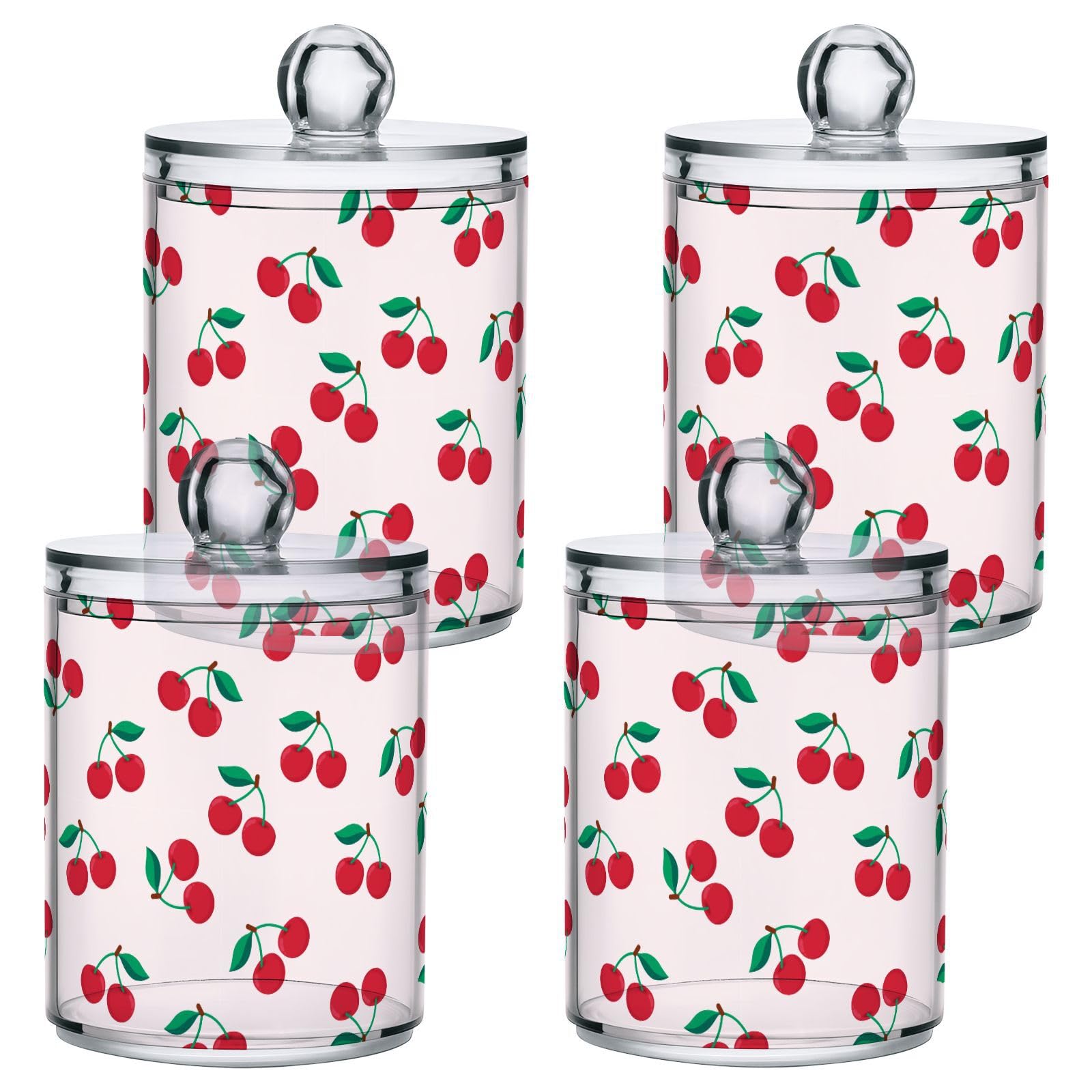 Bulletgxll Apothecary Jar with Lids 2 Pack Cute Cherry Fruit Qtip Holder Clear Plastic Containers Bathroom Vanity Countertop Organizer for Cotton Swabs, Cosmetic Pads, Sponges, Flossers