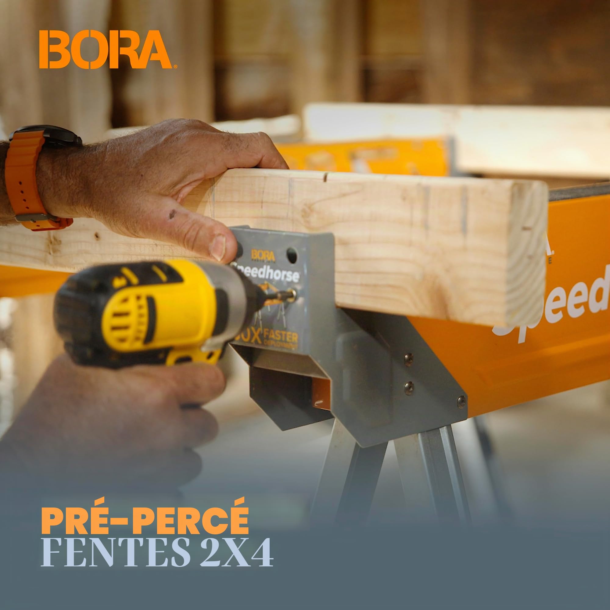 Bora Portamate Speedhorse Chevalet de sciage – Support de table monobloc avec pieds pliants, dessus en métal pour 2 x 4, chevalet de sciage professionnel robuste pour travail du bois, charpentiers,
