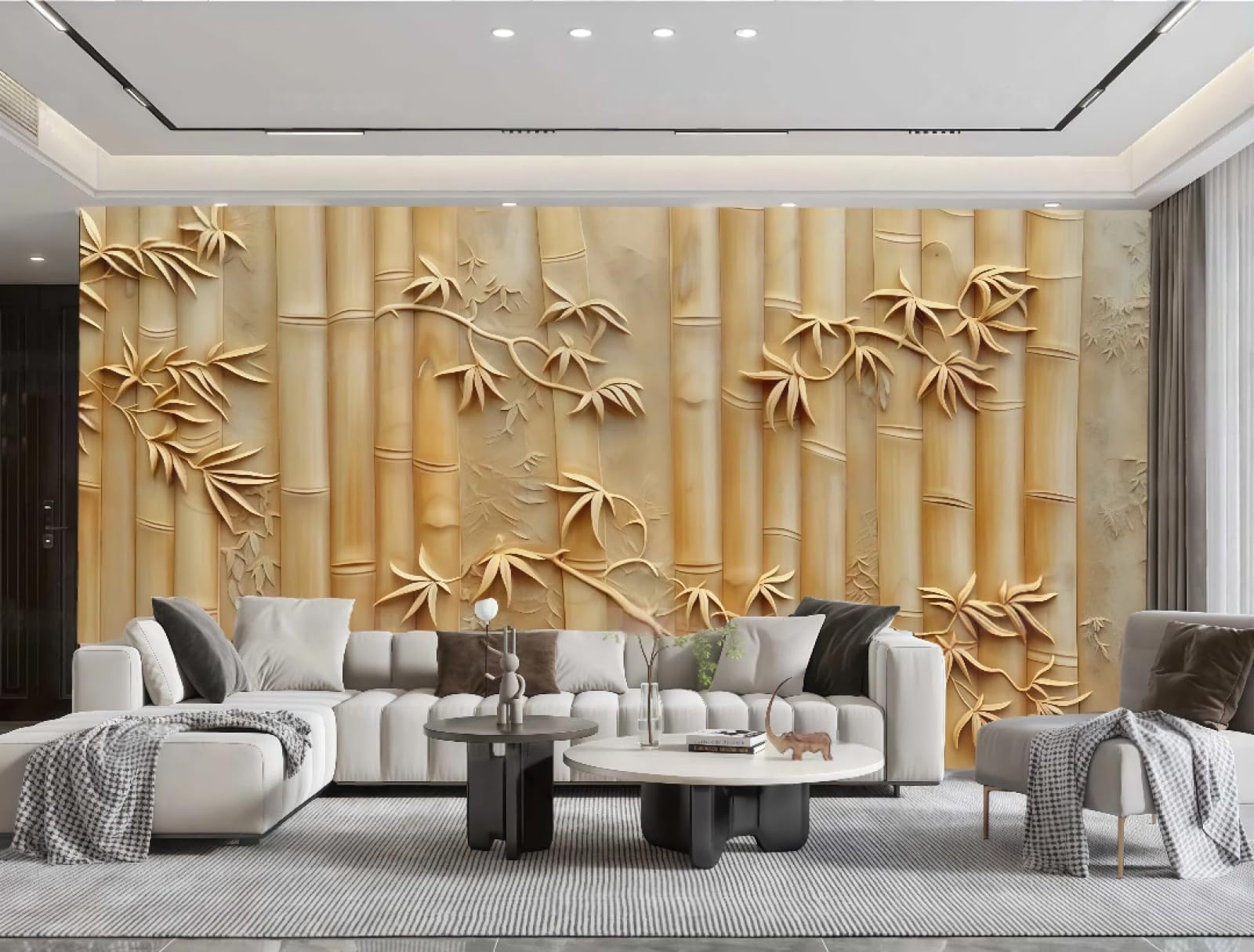 Nowoczesna minimalistyczna tapeta beżowy piaskowiec bambus tłoczony wzór marmuru obraz telewizor sofa tło tapeta ścienna salon restauracja kawiarnia, 3D, 200 x 140 cm