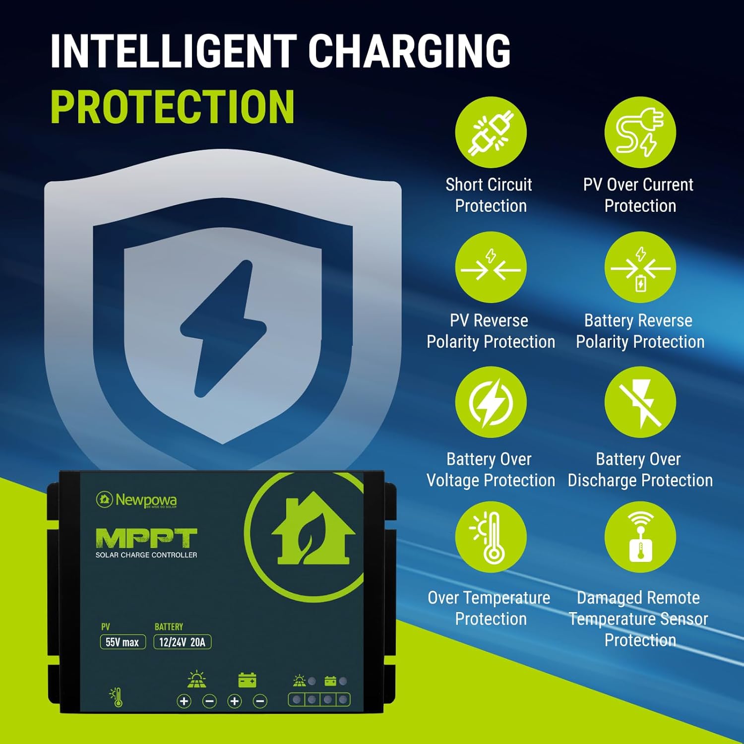 Newpowa 20A MPPT Solar Charge Controller 12/24V DC Compact Design LED Indicator Off Grid Solar Panel Adjustablefor AGM, Gel, Flooded and Lithium Battery