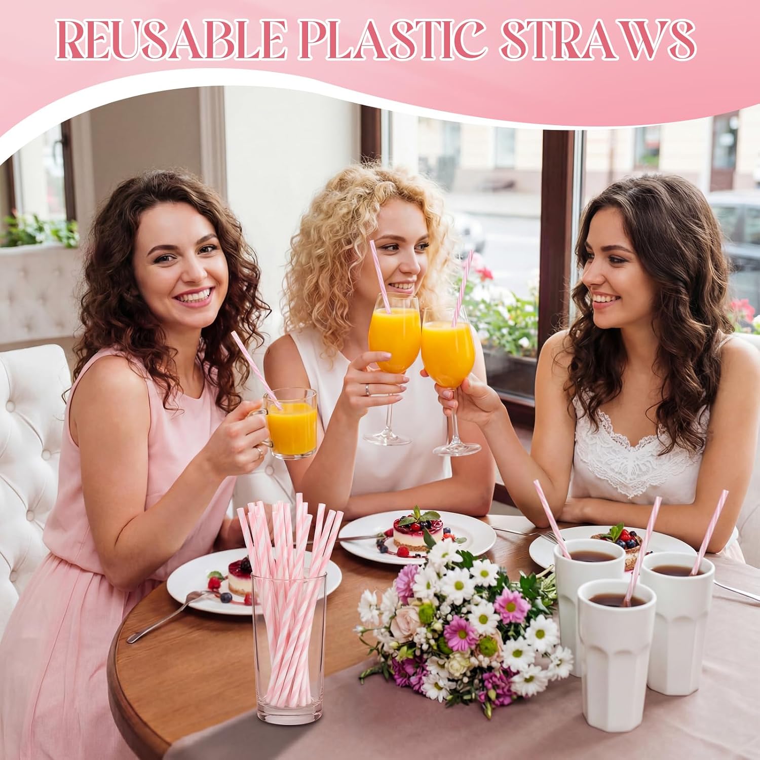 Honeydak 50 Pcs Reusable Plastic Straws Bulk,Pink and White Striped