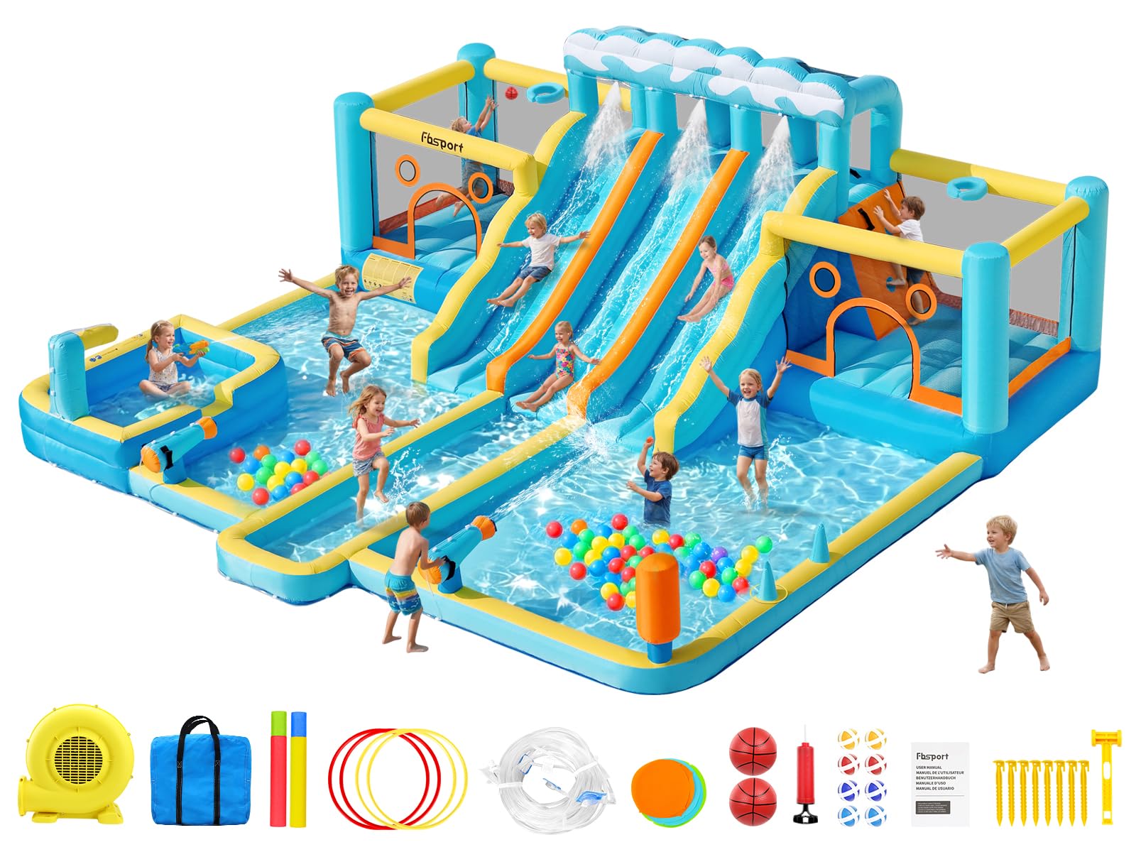 FBSPORT Hüpfburg & Wasserrutsche, 10-in-1 Wasserpark mit 3 Gleiten, 2 Sprungzonen & Kletterwand, 950W Gebläse, Gartenanlage mit Wasserwaffe, Planschbecken & Spielzubehör