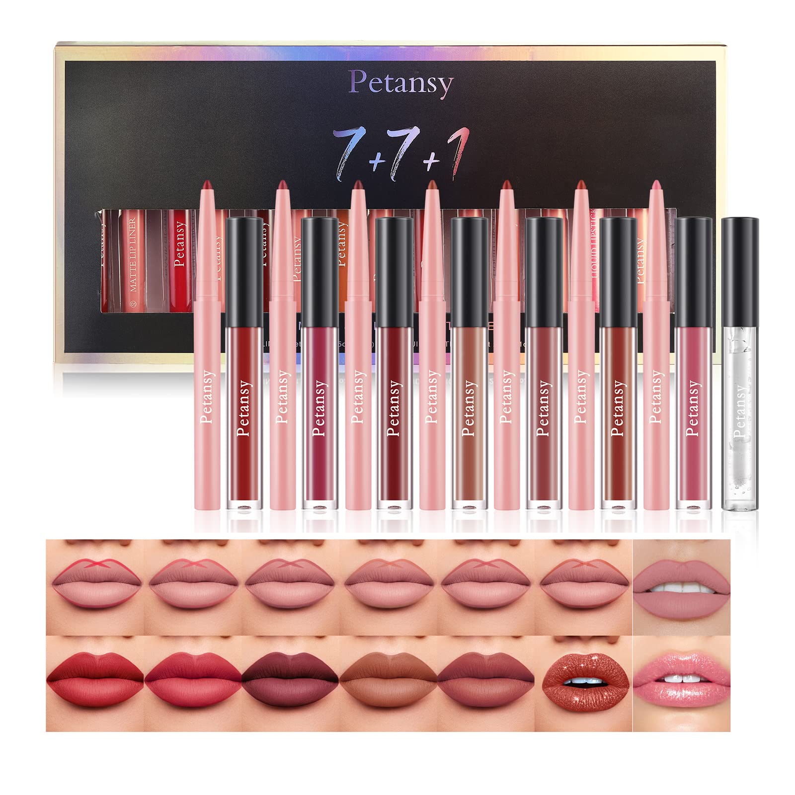 15Pcs Lip Makeup Set Petansy 7+7+1 Matte&Shimmer Lipstick Set 7 Colors Lip Liner + 5 Colors Velvet Lip Gloss + 2 Colors Shimmer Lip Gloss + One Lip Plumper with Gift Box (E)