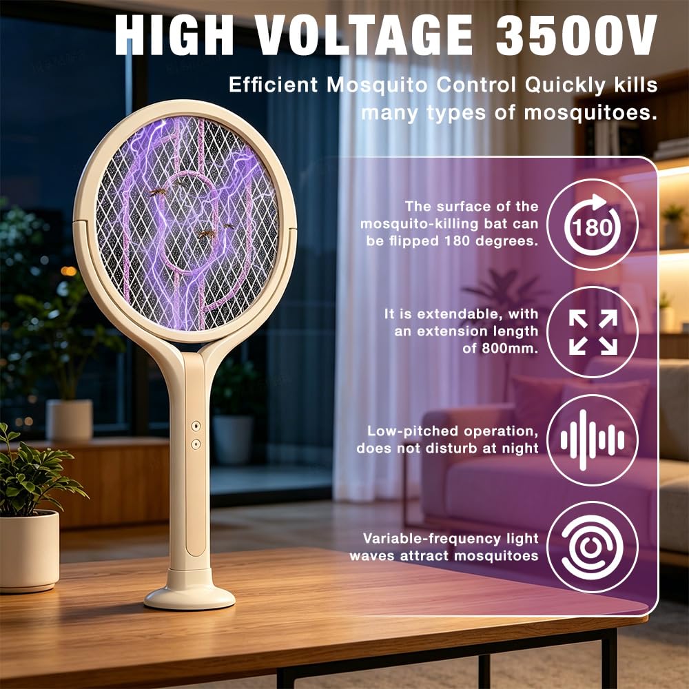 Racchetta Zanzare Elettrica, 3500V Ricaricabile Antizanzare Ammazza, 1200 MAh Antizanzare Elettrico Con Testa Rotante,Base E Estensione Telescopica, Trappola Zanzare Per Interni Ed Esterni