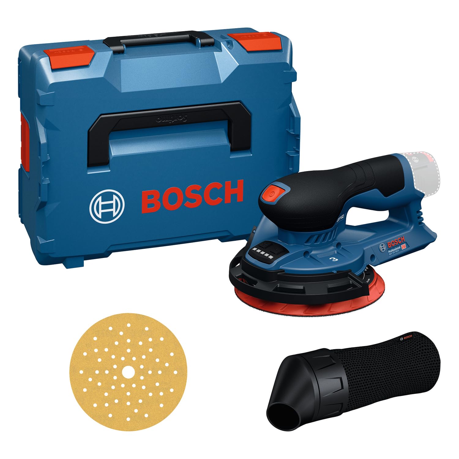 Lijadora excéntrica a batería Bosch Professional 12V GEX 12V-150-3 (incl. plato de lija, hoja de lija, anillo protector, saco para polvo, L-BOXX 162)