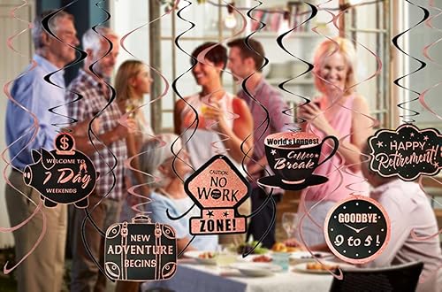 Miniatura 8 de Decoraciones de fiesta de jubilación para mujer, pancarta de feliz jubilación y remolinos con globos de confeti de oro rosa para decoración de