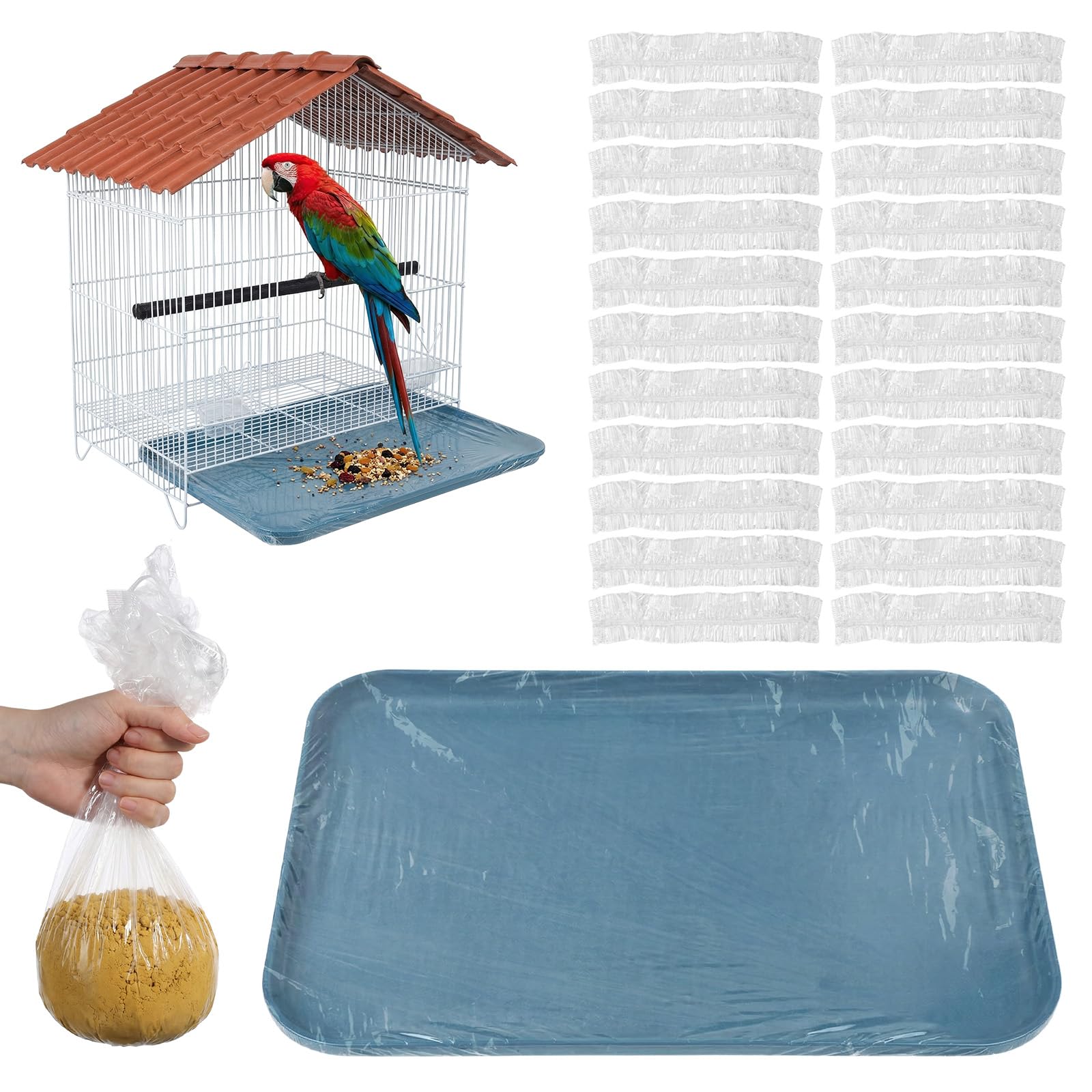 Disposable Bird Cage Liners, 50Pcs Elastic Plastic Bird Cage Liner, Clear Waterproof Tray Liners, Birdcage Litter Box Liner for Parakeets, Hamsters, Hedgehogs & Small Pets (13.7" x 9.8")