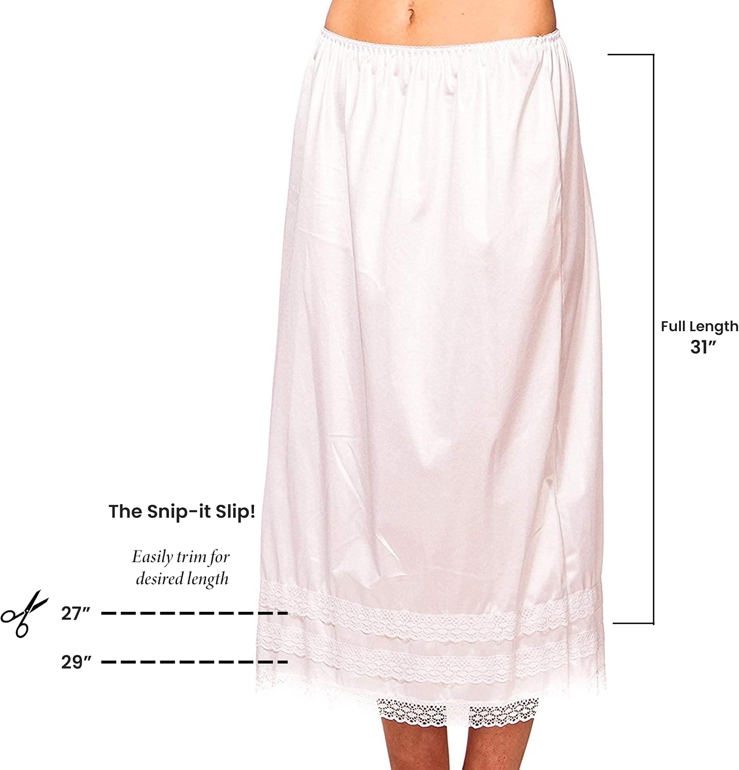 Patricia Lingerie Women's Soft Satin Snip It Half Slip Custom Length Cling Free with Lace Trim, Elastic Waistband