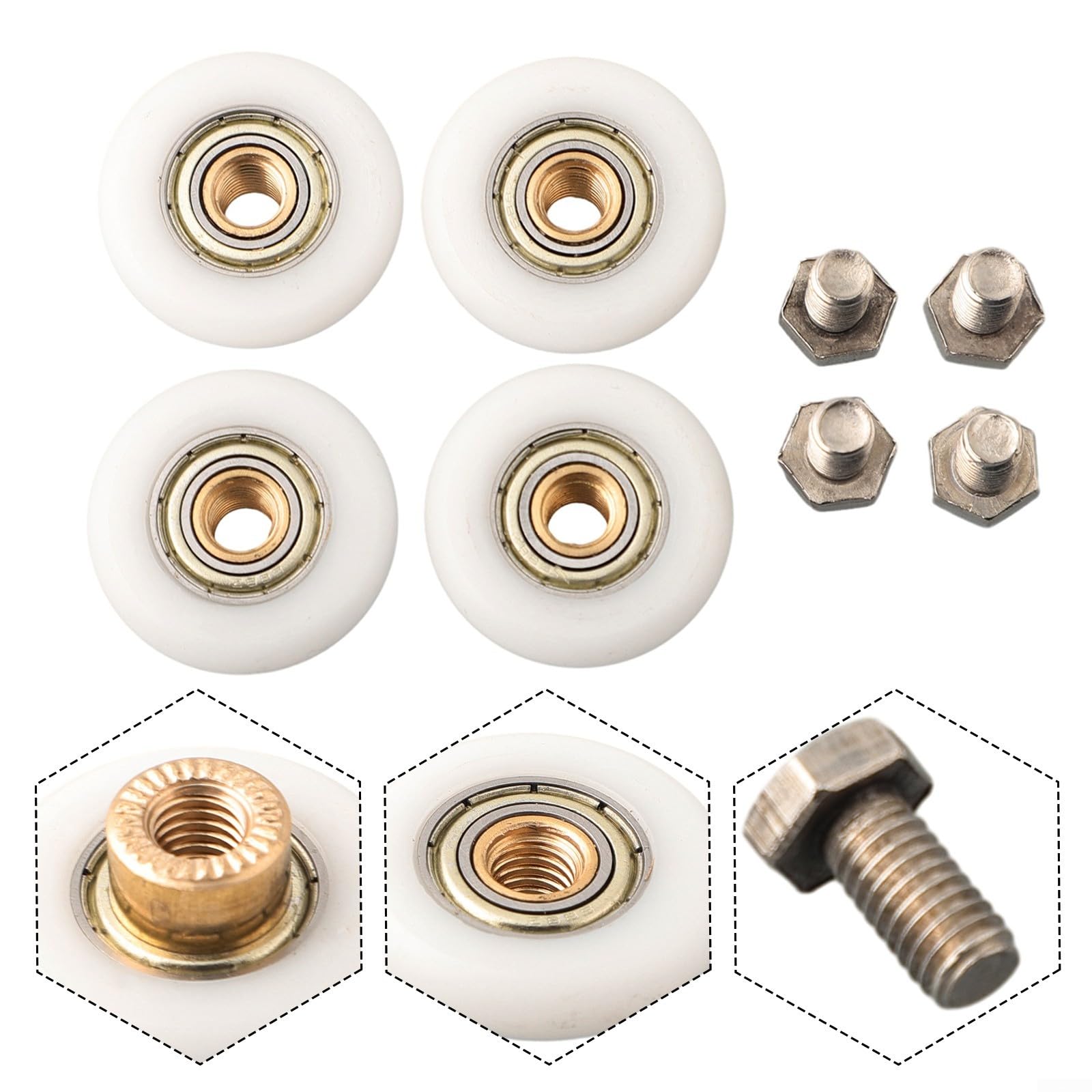 Set di 4 rotelle per porta della doccia, scorrevoli in vetro, con esterno in nylon e centro in ottone, viti in acciaio inox incluse, adatte a vetri da 4-8 mm (27 mm)