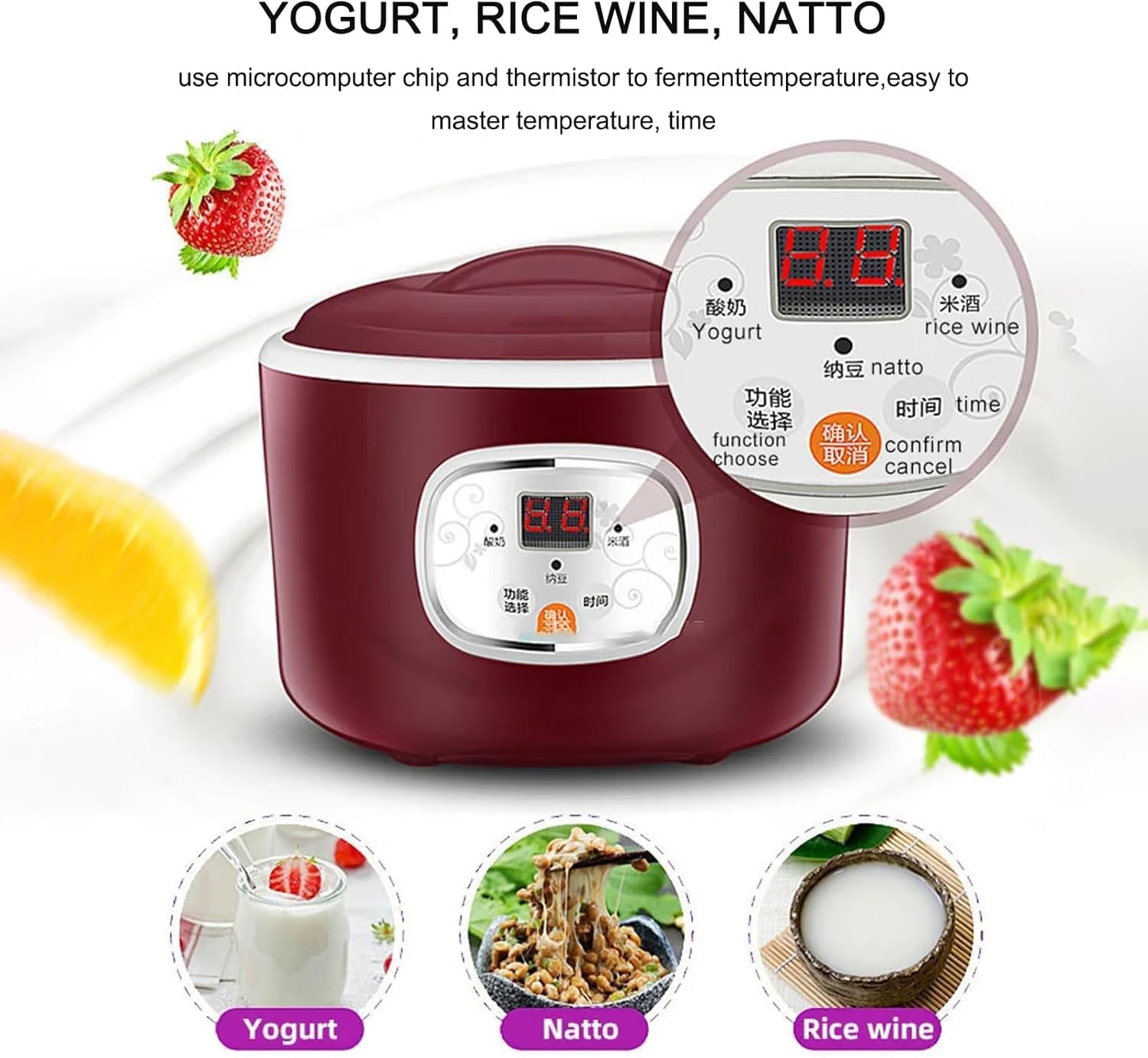 Eléctrica Yogurt, fermentador de acero inoxidable para yogur, natto, vino de arroz, capacidad de 1 litro, temporizador digital, control termostático para alimentos probióticos caseros saludables