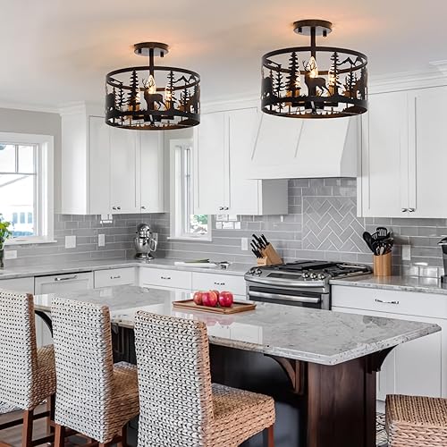 Miniatura 4 de Lámpara de techo rústica semiempotrada, base E12 de 3 luces, color negro, redonda, de metal, para cocina, pasillo, sala de estar, estilo industrial