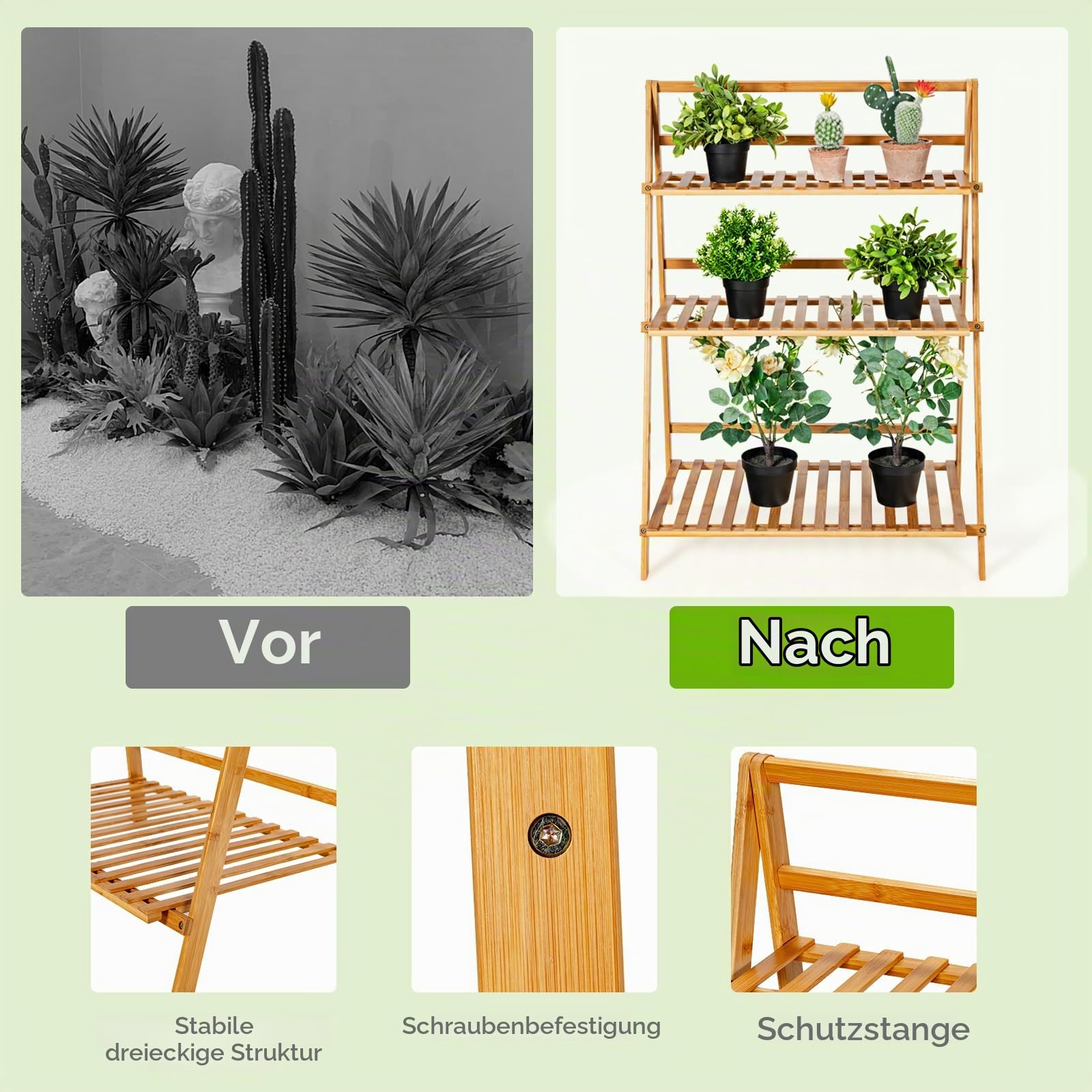 HOMASIS Pflanzregal mit 3 Ebenen, Faltbares Blumenregal, Bambus-Pflanzenständer Outdoor Indoor, Leiterregal für Garten Balkon Terrasse Patio, 70 x 38 x 95,5 cm, Natur