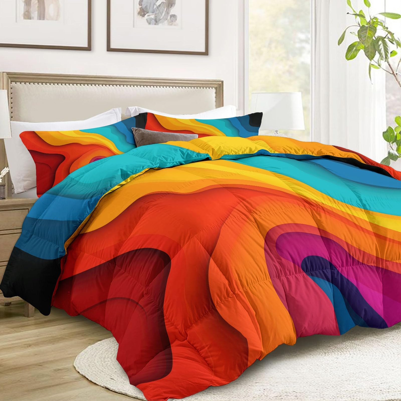 Kołdra bez poszewki 155 x 220 cm, kołdra na 4 pory roku – kolorowe fale, abstrakcyjny krój papieru, kołdra pikowana, czerwona, całoroczna – nadaje się do prania, ciepła i miękka pościel z 2 poszewkami
