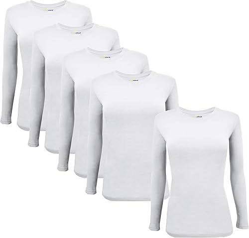 Natural Uniforms Camiseta de manga larga con cuello redondo para mujer, paquete de 5 unidades