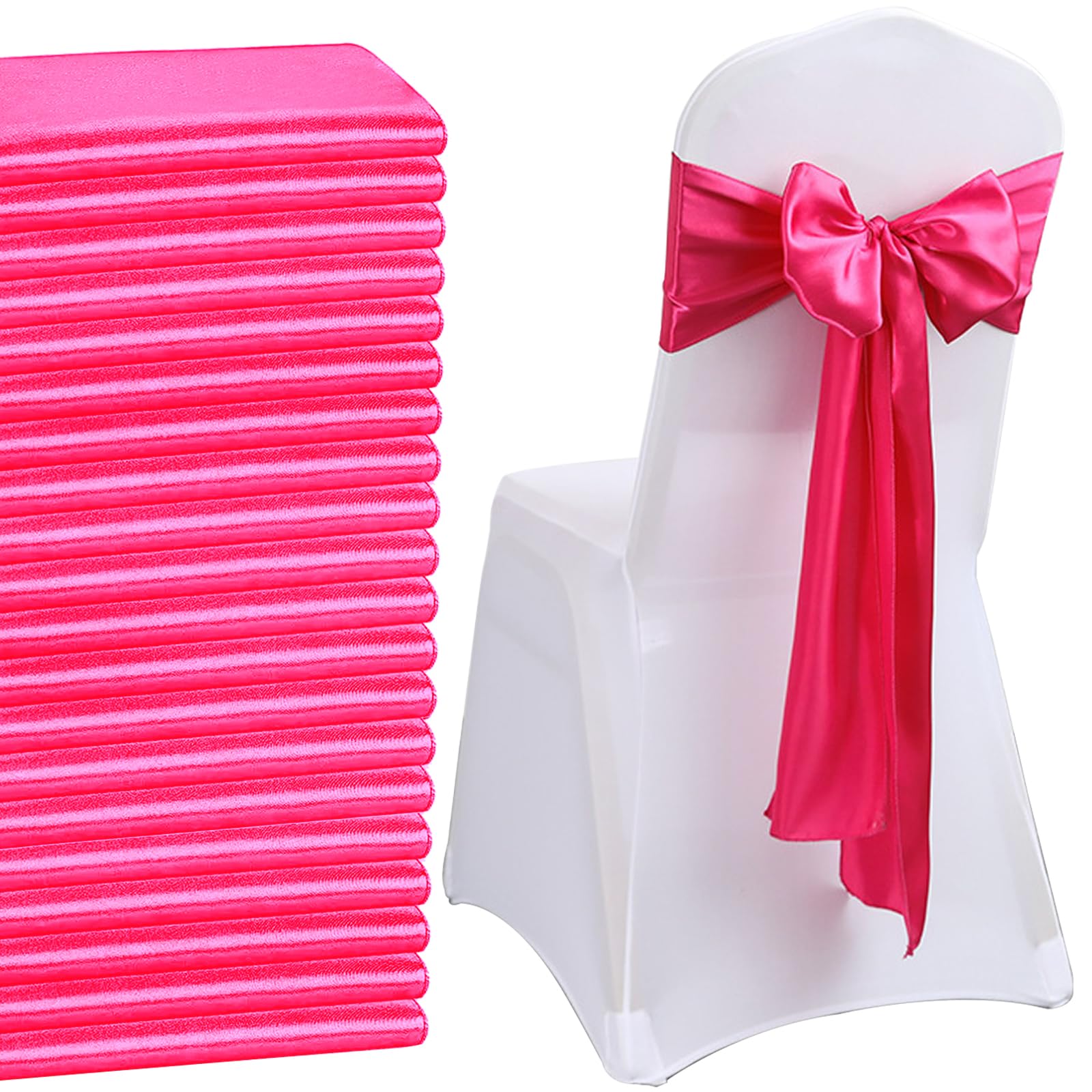 QeeFop Pack of 50 Hot Pink Satin Sashes Wedding Chair Bow, Elastic Chair Sashes for Wedding Decoration, Birthday, Banquet, Party, Chair Decoration (Hot Pink) — image 1