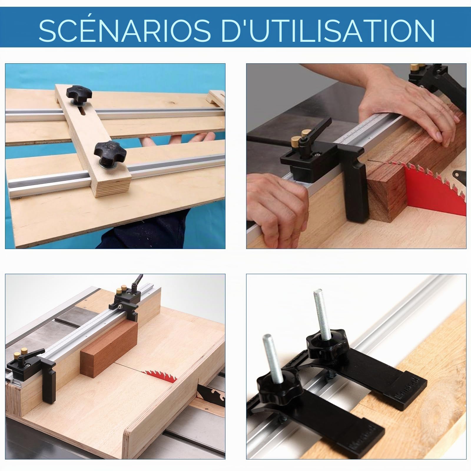 Lot de 4 Rail de Guidage Scie Sur Table, Rails Aluminium T Track de 400 mm, M8, M6 Rail en T Avec Accessoires Complets pour Outil de Travail du Bois