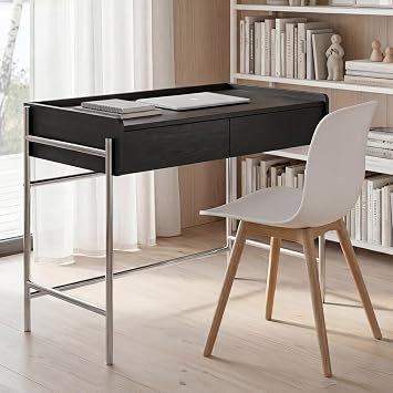 35.43" Small Computer Desk with 2 Drawers, Modern Office Writing Work Desk with Metal Frame Wooden Tabletop for Home Office, Bedroom Small Spaces, Easy Assembly, Black
