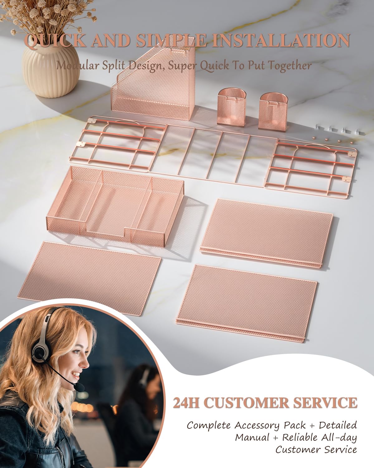 WALI Desk File Organizer, 4 Tier Desktop Paper Letter Tray Organizer with Drawer and 2 Pen Holders, Office Desk Accessories & Workspace Organizers for Office, Home, School Supplies, 1 Pack, Rose Gold view 8