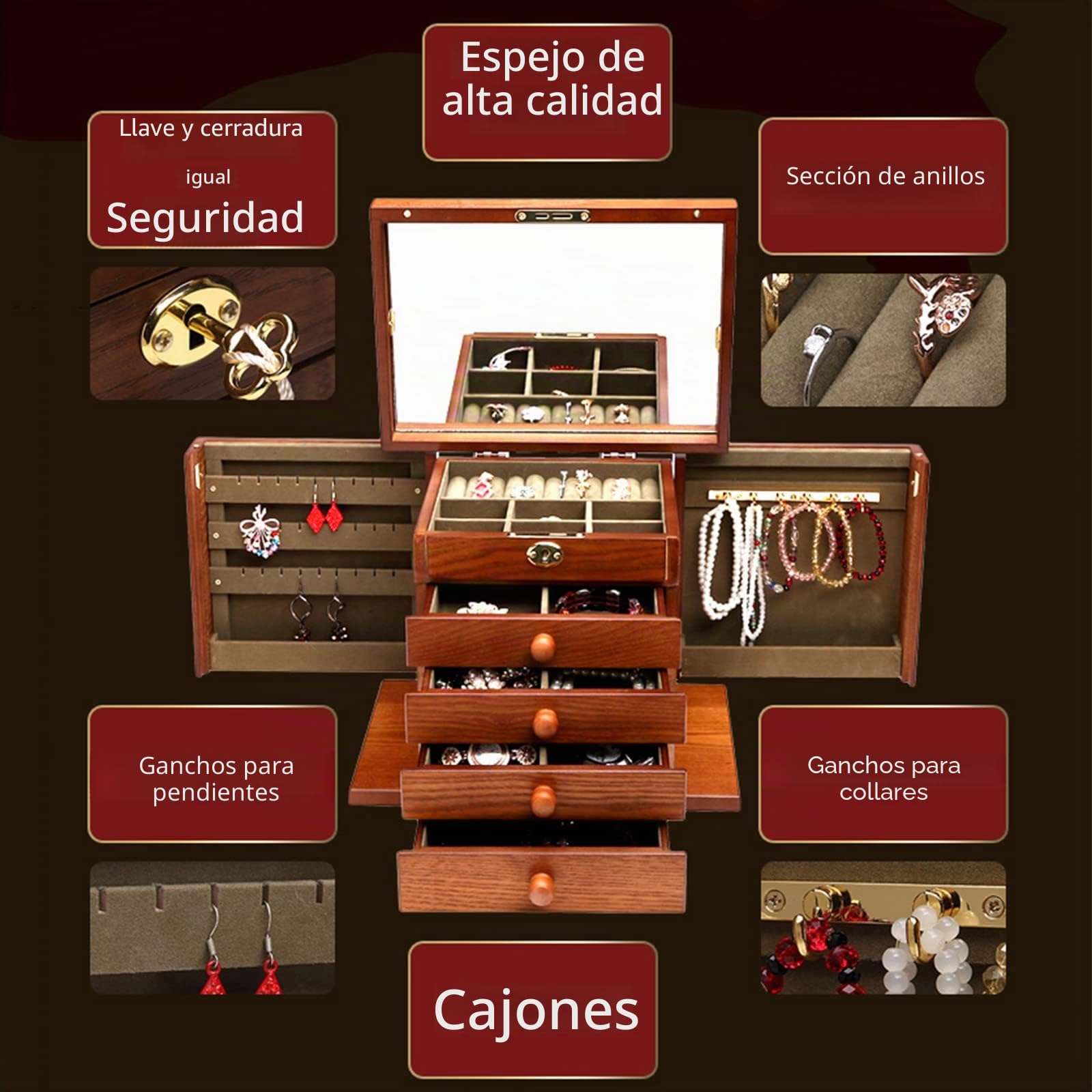 Changsuo Joyero de madera para mujer, organizador de madera maciza con cerradura combinada para joyas, collares, anillos, alhajero de estilo vintage con espejo (cereza)