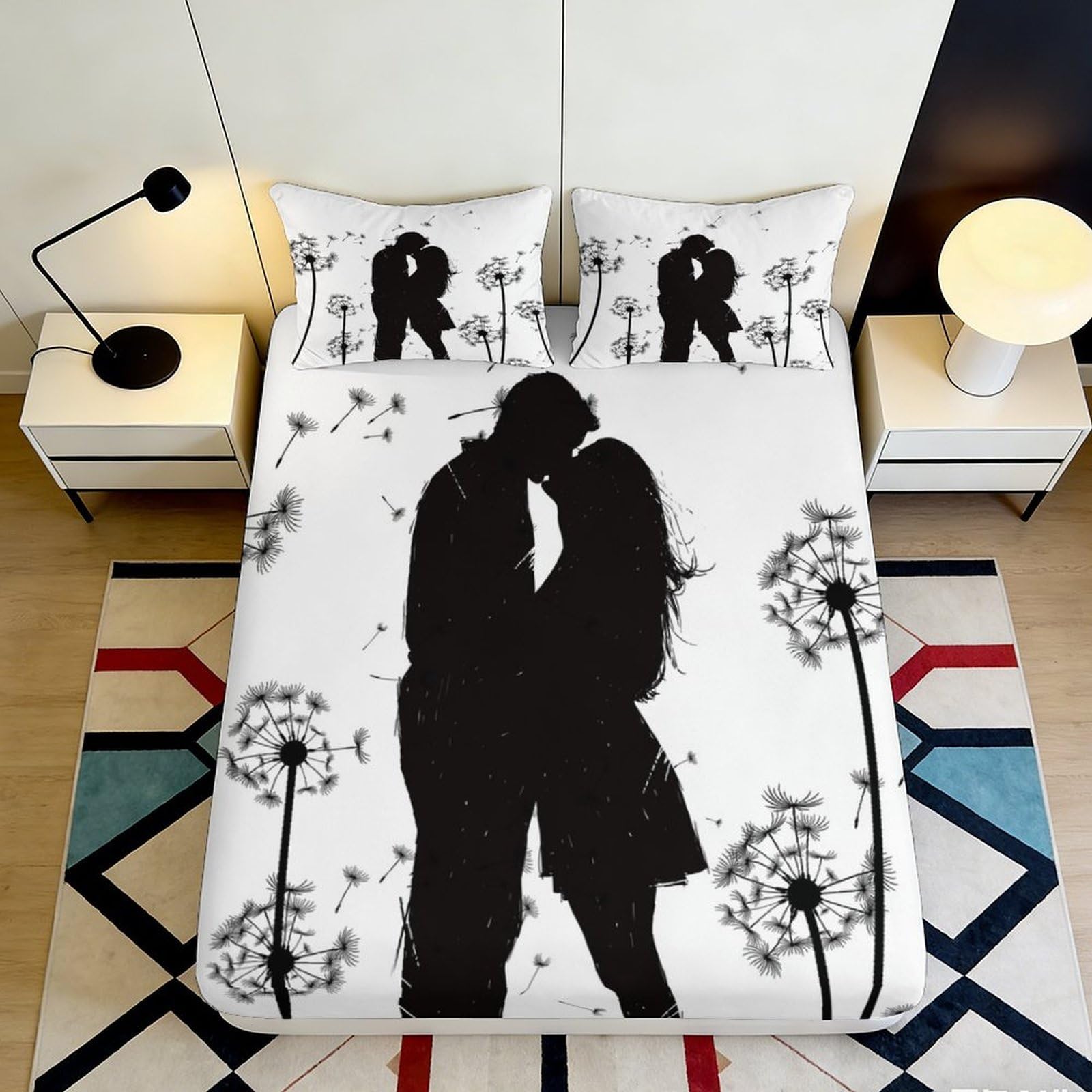 3D Printed Couple Silhouette Fitted Sheet Microfiber Soft Breathable Dandelion Mattress Cover for Bedroom Decor 160x200x25cm