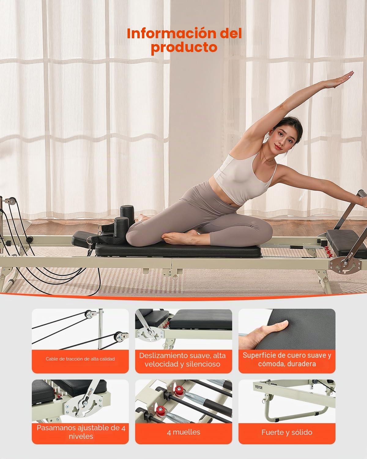 VEVOR Reformer de Pilates Plegable Máquina de Pilates para Gimnasio en Casa Equipo de Pilates Doble Resistencia Resorte y Cuerda Reformador para Avanzados Principiantes hasta 181,4kg, 252x62x77 cm