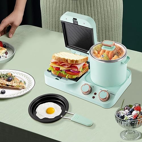 Miniatura 7 de Estación de desayuno 3 en 1 para el hogar, mini tostadora eléctrica, máquina de sándwiches de desayuno con sartén, olla hirviendo, vaporizador de