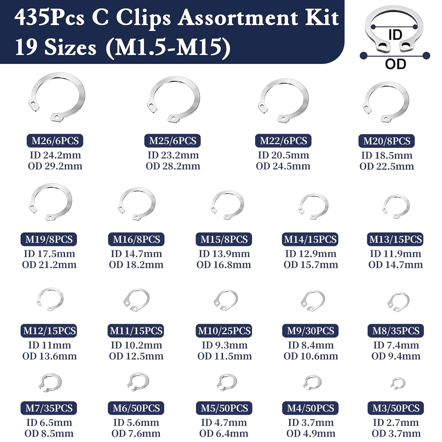 ZQZ 435Pcs C Clips Assortment Kit (M3-M26), External Retaining Rings, 19 Sizes Snap Rings Assortment Kit, 304 Stainless Steel Assorted Snap Rings