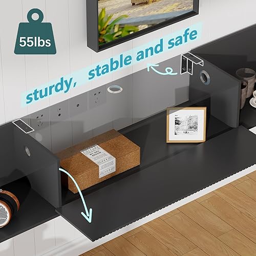 Miniatura 6 de Soporte de TV flotante de 55 pulgadas de ancho con luces LED, centro de entretenimiento montado en la pared con soporte de TV largo para dormitorio,