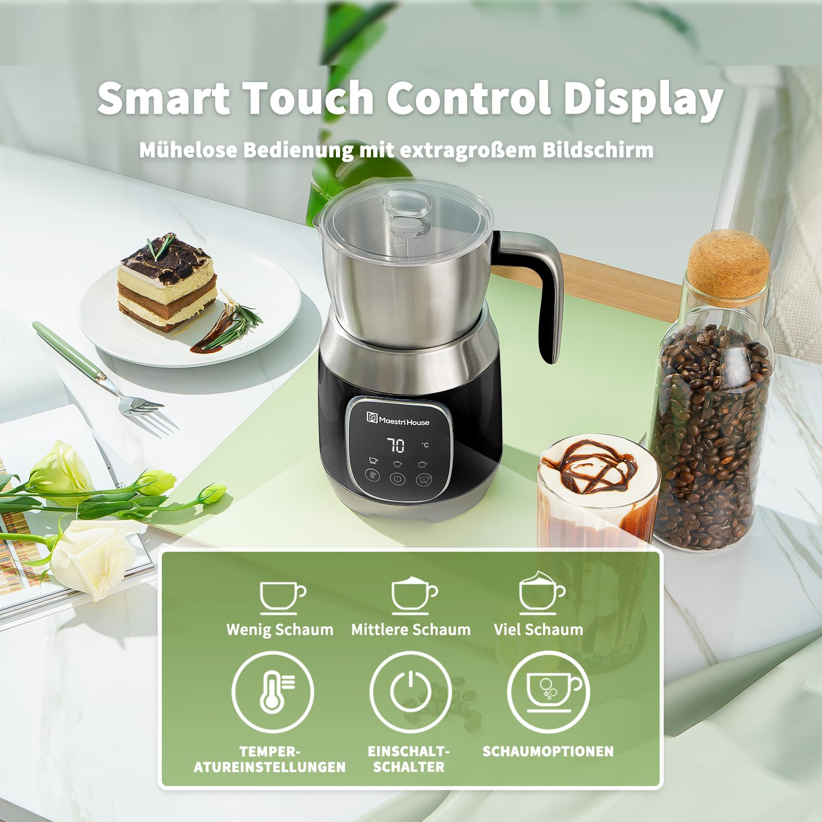 Maestri House 12-in-1 600ml Elektrischer Milchaufschäumer, Spülmaschinenfester Milchdampfer aus Edelstahl mit Variabler Temperatur und Schaum, Speicherfunktion für Latte,Heiße Schokolade,DualFro 600