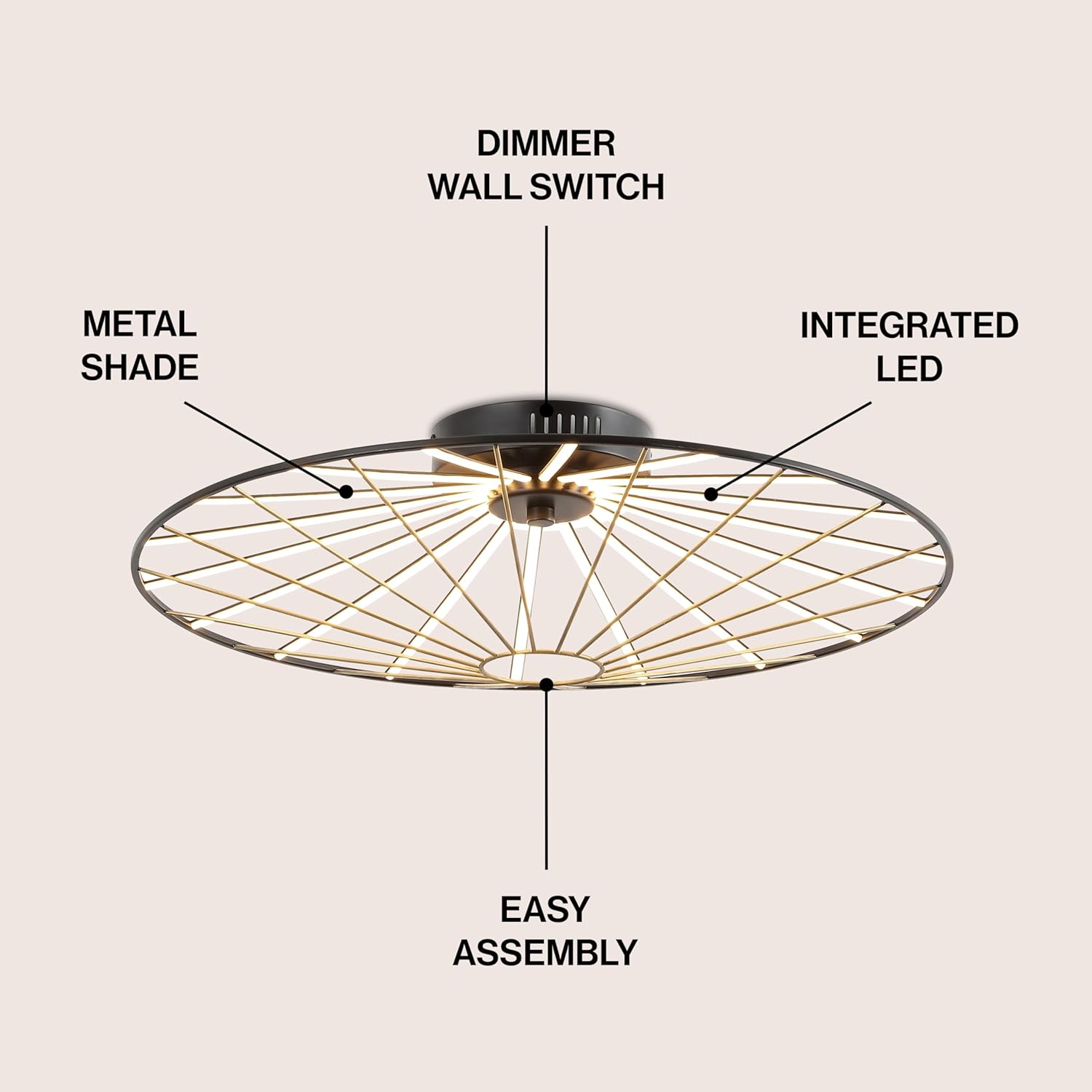 JONATHAN Y 23.25" Black/Gold 1-Light Iron Integrated LED Flush Mount, Scandinavian UFO Dimmable Ceiling Light for Living Room Bedroom, ETL Listed JYL7150A