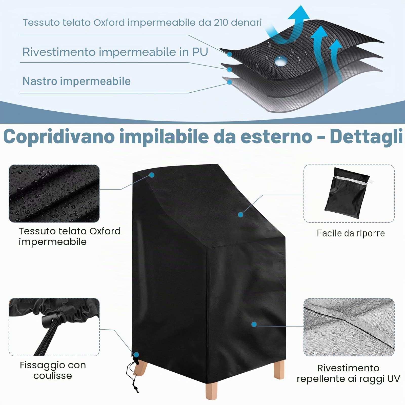 2 Pezzi Copertura Sedie Esterno Impermeabile, Copri Sedie da Giardino, Tessuto Oxford, Antivento, Anti-UV Coprisedie, Adatto per Sedie Da Giardino Impilabili - 64x64x70/120 cm