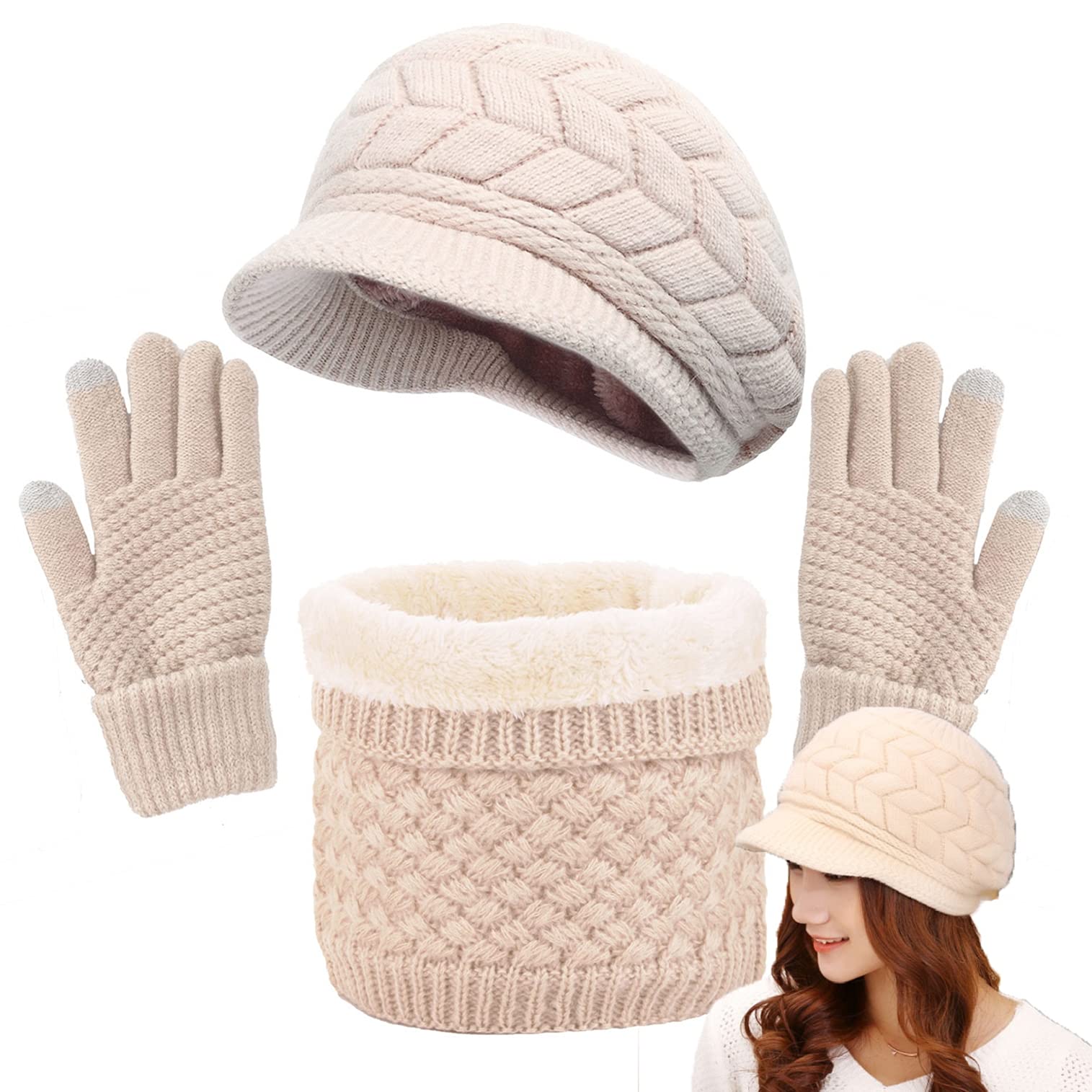 CheChruy Femme Tricoté Béret Écharpe à Boucle Gants 3 Pièces Ensemble Chaud Cache-Cou de Doublure Polaire et Bonnet Tricot Hiver Chapeau