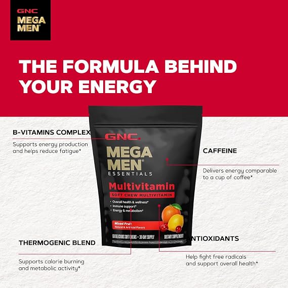 GNC Mega Men Soft Chew Multivitamin for Men | Energy & Metabolism Support | Gluten Free | Mixed Fruit | 60 Count